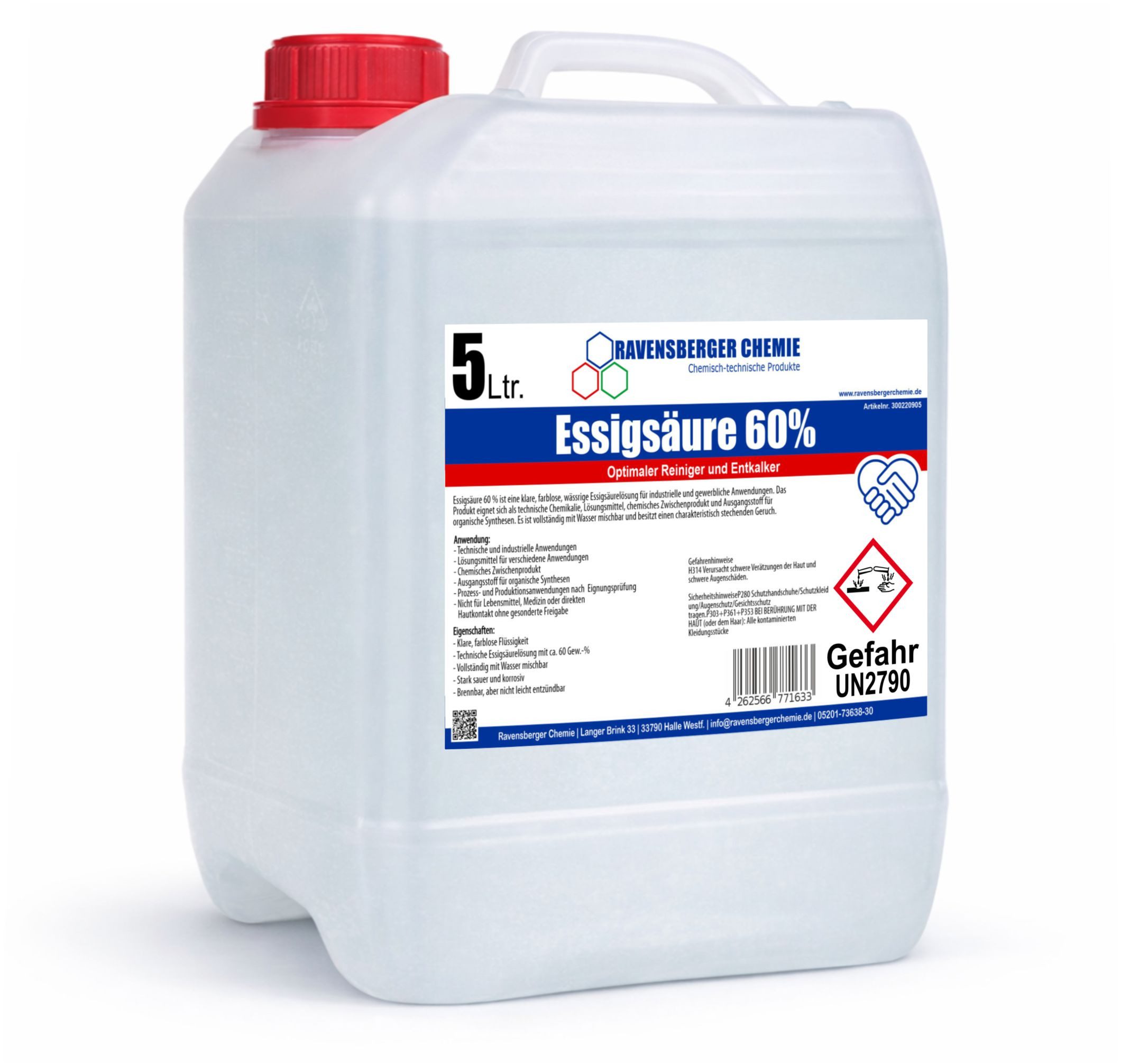 Ravensberger Chemie Essigsäure 60% - für Haushalt, Garten & Industrie Essigreiniger (1-St. 5L Essigsäure 60 % – Konzentrierter Reiniger und Entkalker)