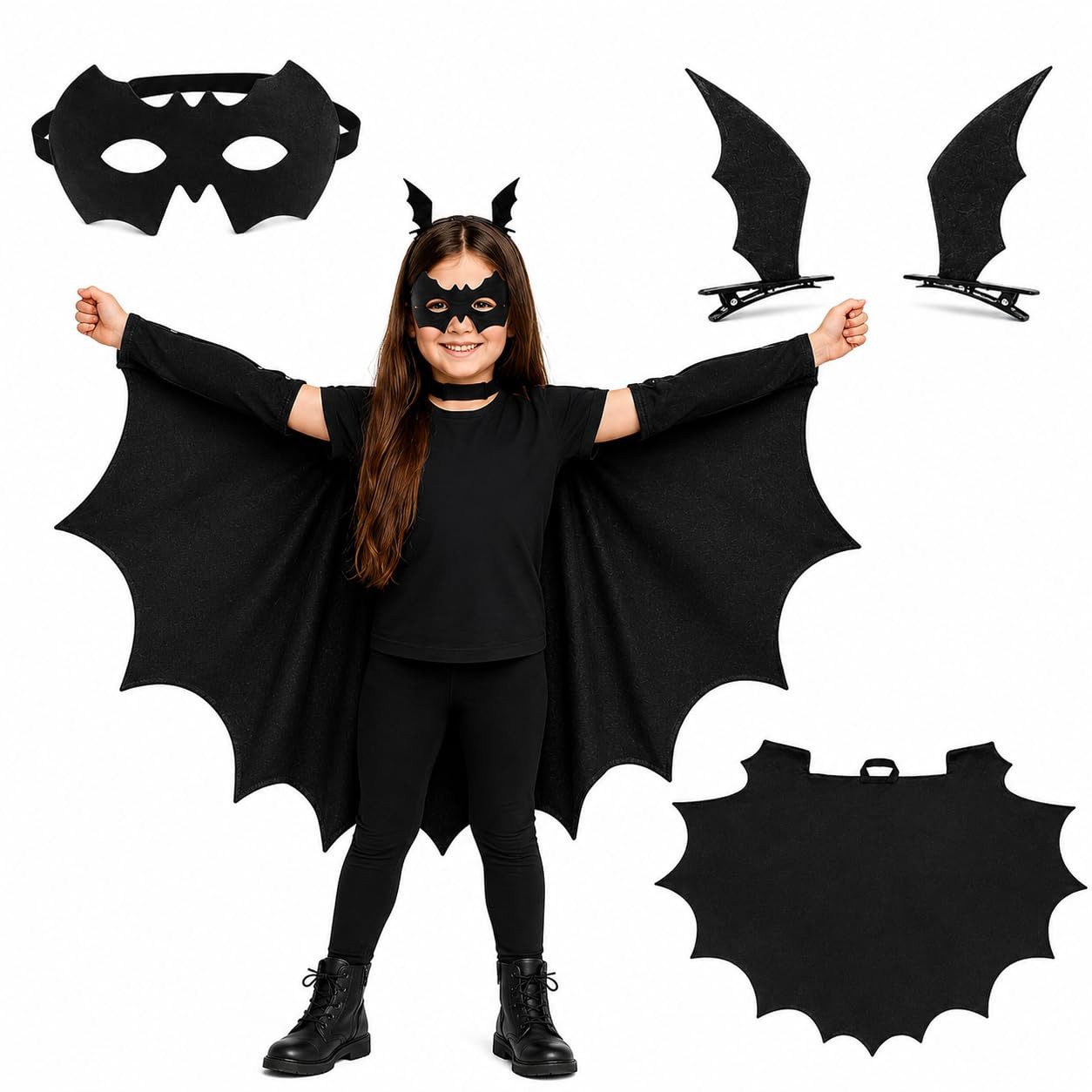 TK Gruppe Kostüm Fledermaus-Kostüm-Set für Kinder ab 4 Jahren, schwarz, 4-teilig