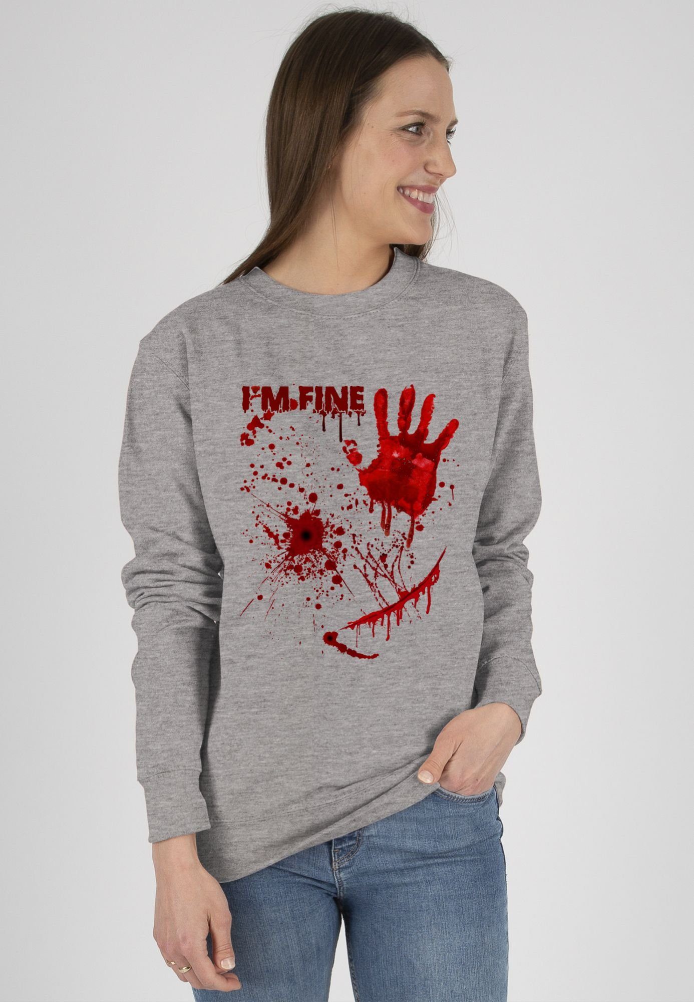 Shirtracer Sweatshirt Blutige Hände meliert Kostüme Horror Grau Herren (1-tlg) Blutspritzer - Killer Blutflecken Gruselig I Blut 2 Halloween