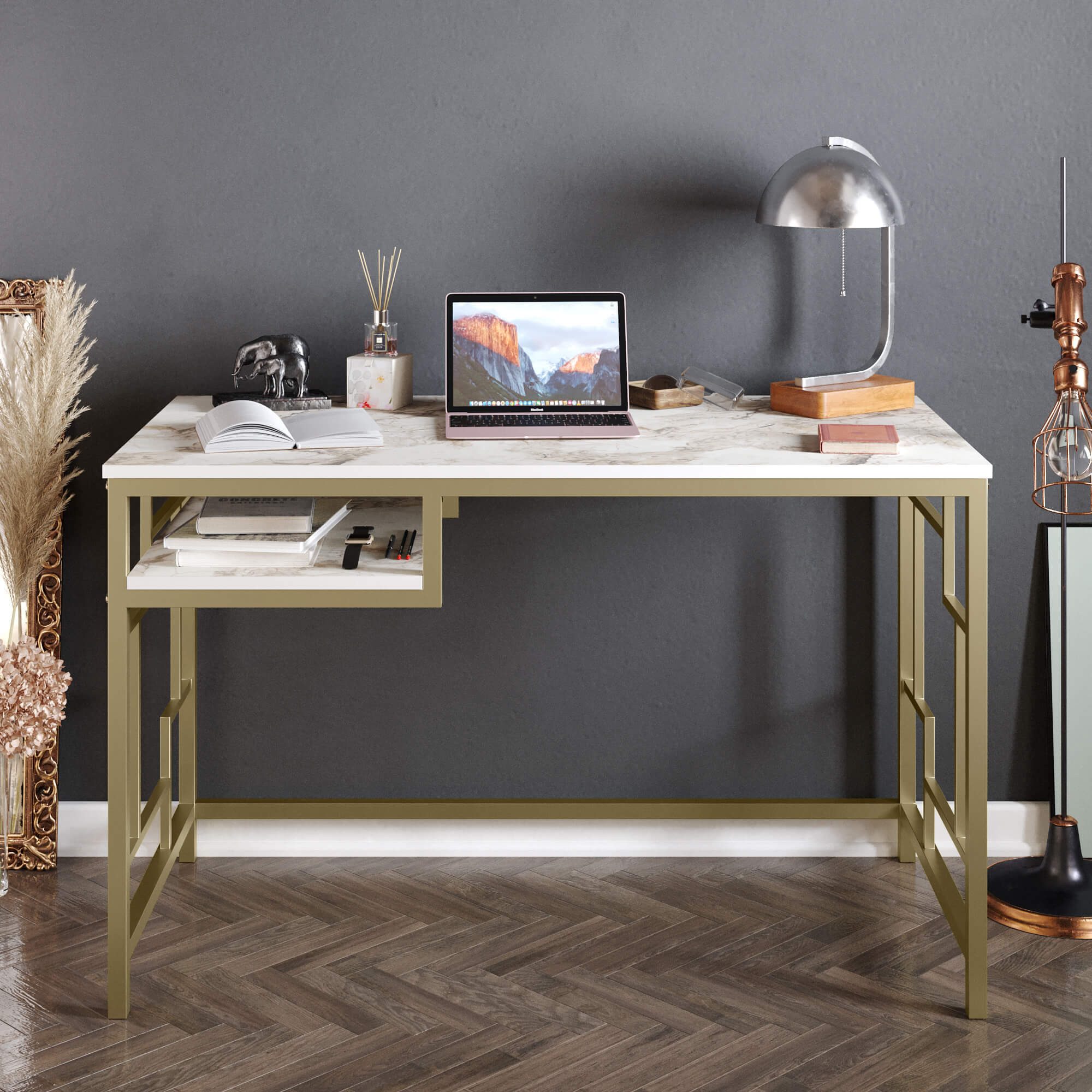 Decorotika Schreibtisch Decorotika Victory Schreibtisch 120 cm mit Regal, Marmoreffekt/Gold
