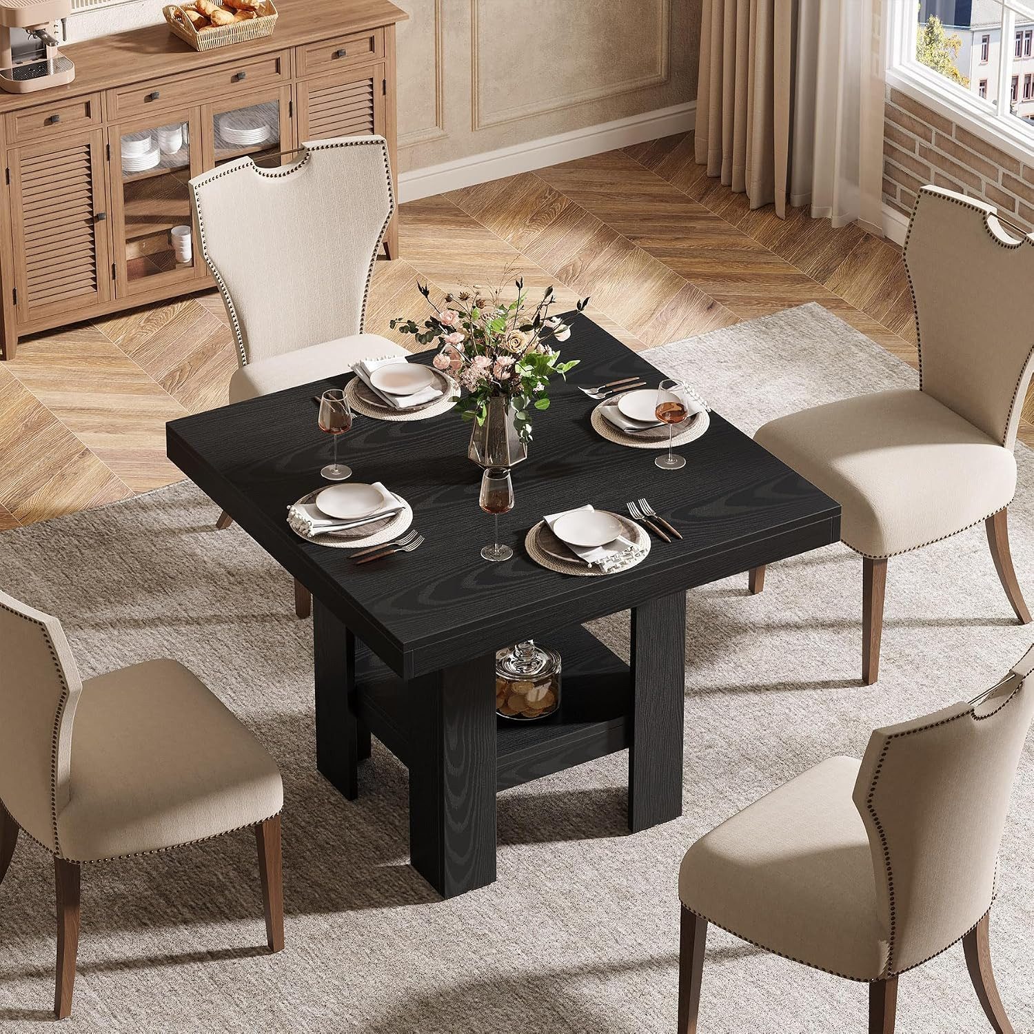 Tribesigns Esstisch Quadratischer Esstisch 80 cm Holz mit Ablage Schwarz für 4 Personen – Bild 3 von 5