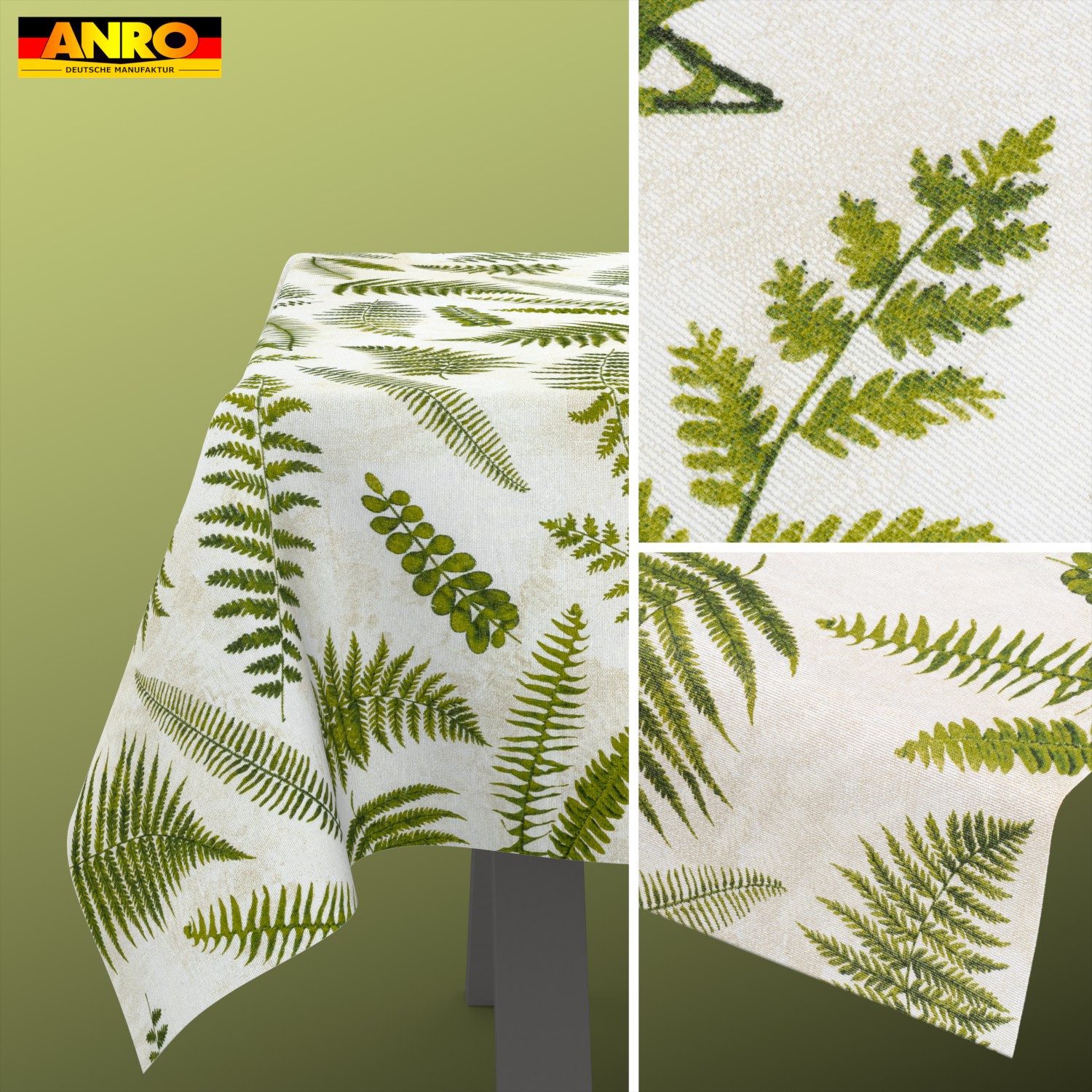 ANRO Tischdecke abwaschbar Baumwolloptik Farn Grün wetterfest Gartentischdecke (Einzelstück 1-tlg, eine Tischdecke), Stofftischdecke schmutzabweisend 100x140cm Farn Grün