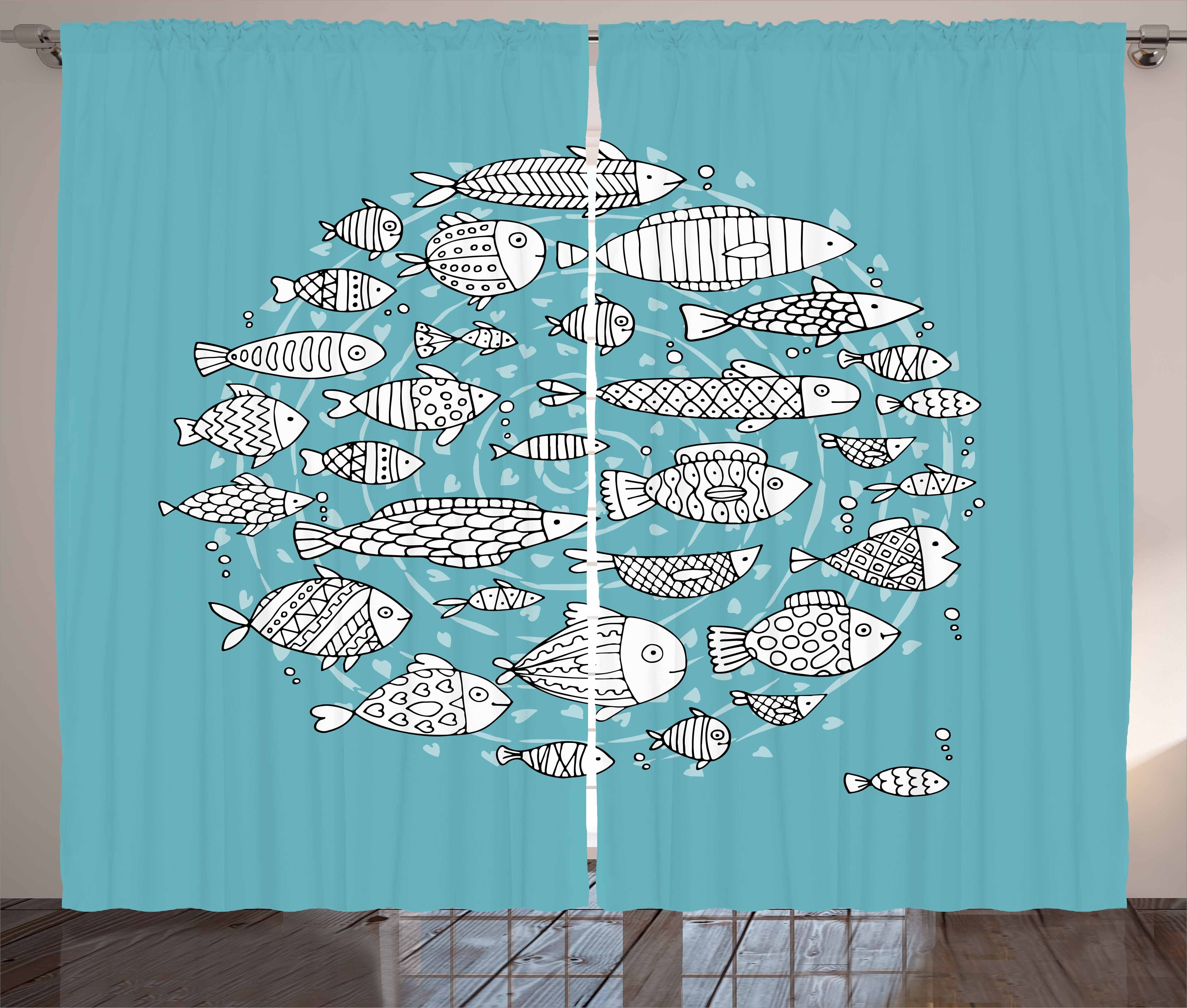 Vorhang Fisch Abakuhaus, Haken, Kräuselband Blau und mit Schlafzimmer Gardine und Schlaufen Weiß Doodle