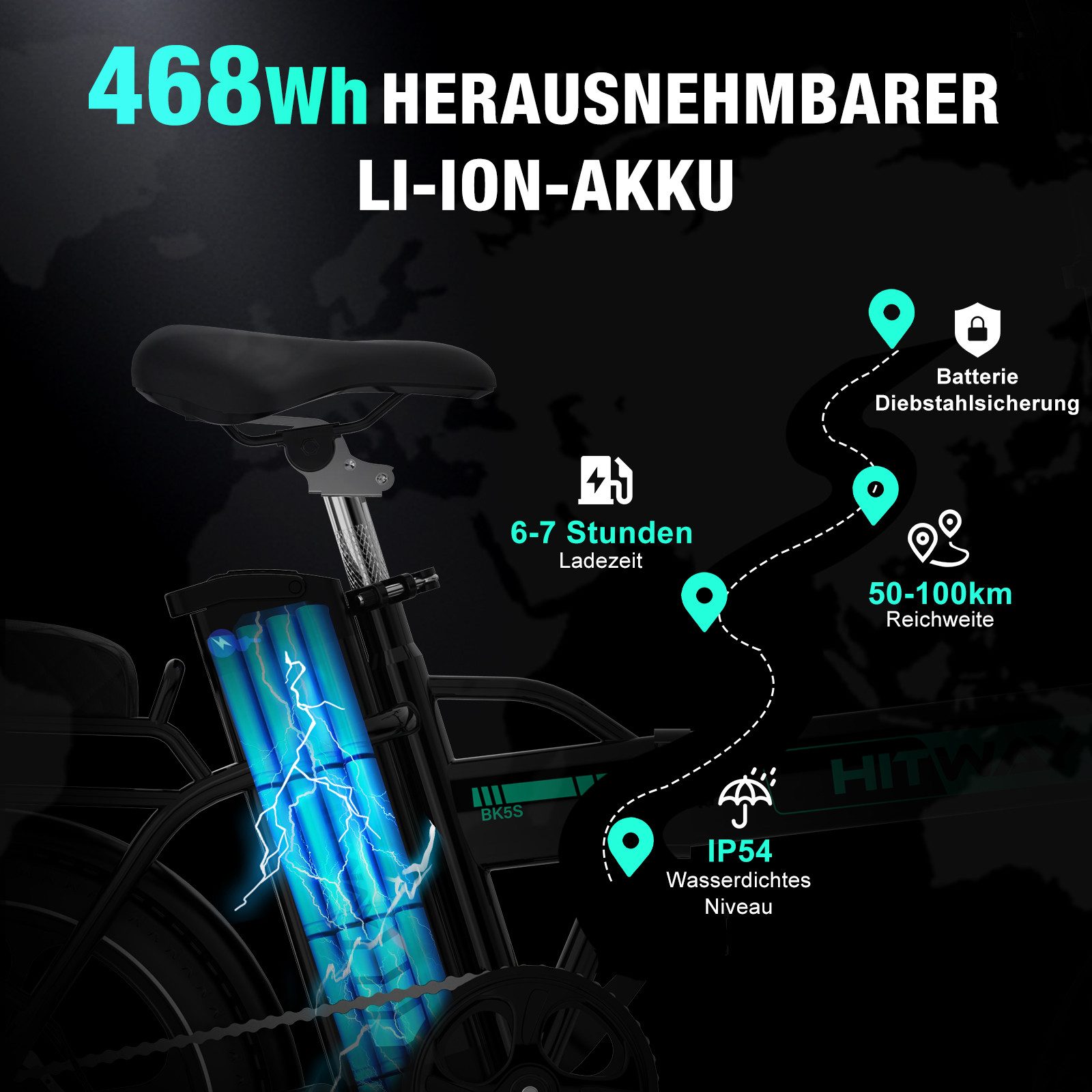 HITWAY E-Bike Faltrad Faltrad 16 Zoll, 13Ah Akku, bis 100 km Elektrofahrrad Pedelec, 1 Gang, Kettenschaltung, Heckmotor, 468 Wh, faltbares Citybike mit App & Gepäckträger