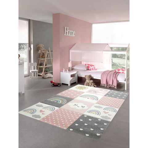 Kinderteppich Kinderzimmer Teppich Spielteppich Regenbogen Punkte Herzchen Wolken rosa creme grau, Teppich-Traum, rechteckig, Höhe: 13 mm