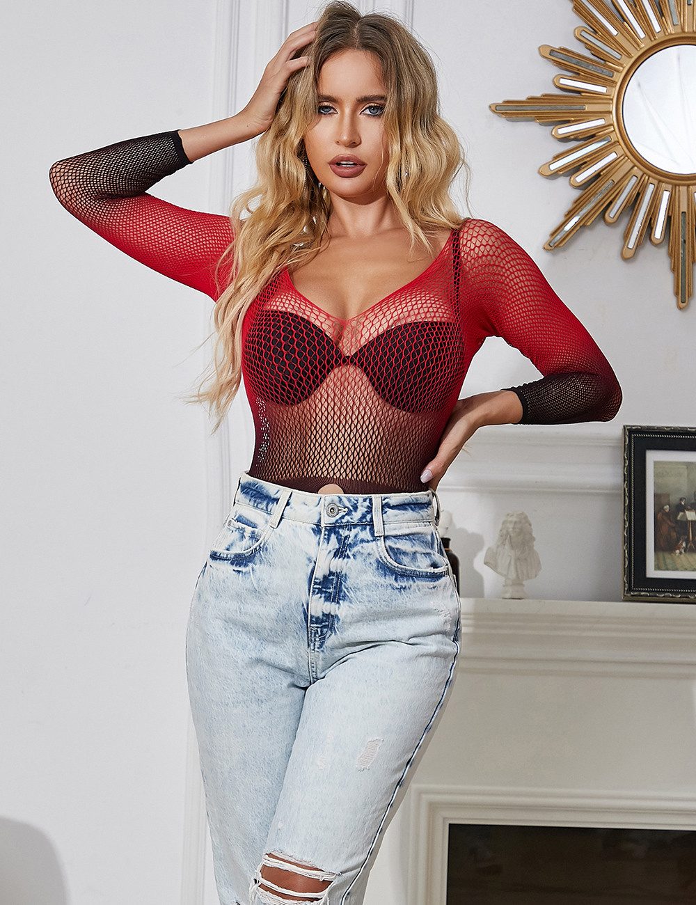 Lau-Fashion Bodystocking Catsuit Transparent Zweifarbig Stocking Rückfrei Nylon Dessous S/XL transparent