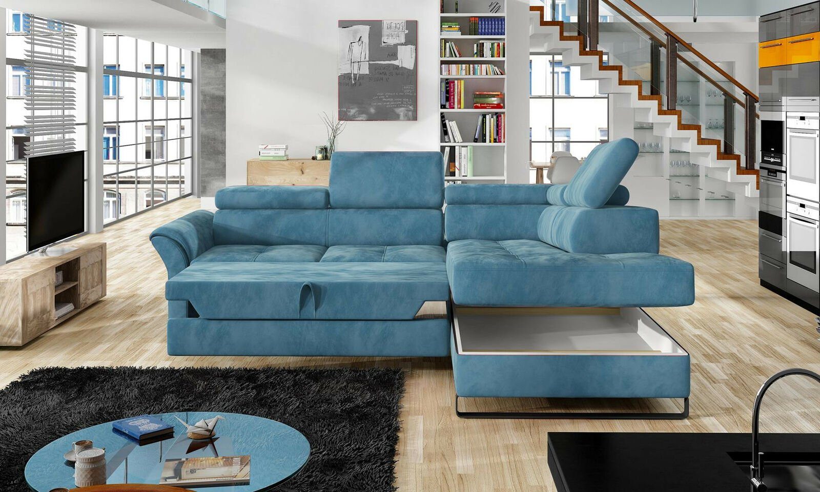 JVmoebel Ecksofa, Ecksofa L Form Wohnlandschaft Sofa Couch Polsterecke Textil Blau