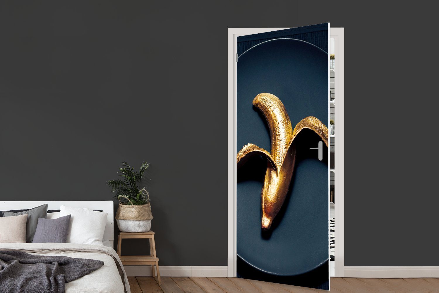Matt, Banane für Türaufkleber, St), Tür, Hintergrund, 75x205 bedruckt, auf Türtapete (1 cm Fototapete MuchoWow Goldene dunklem