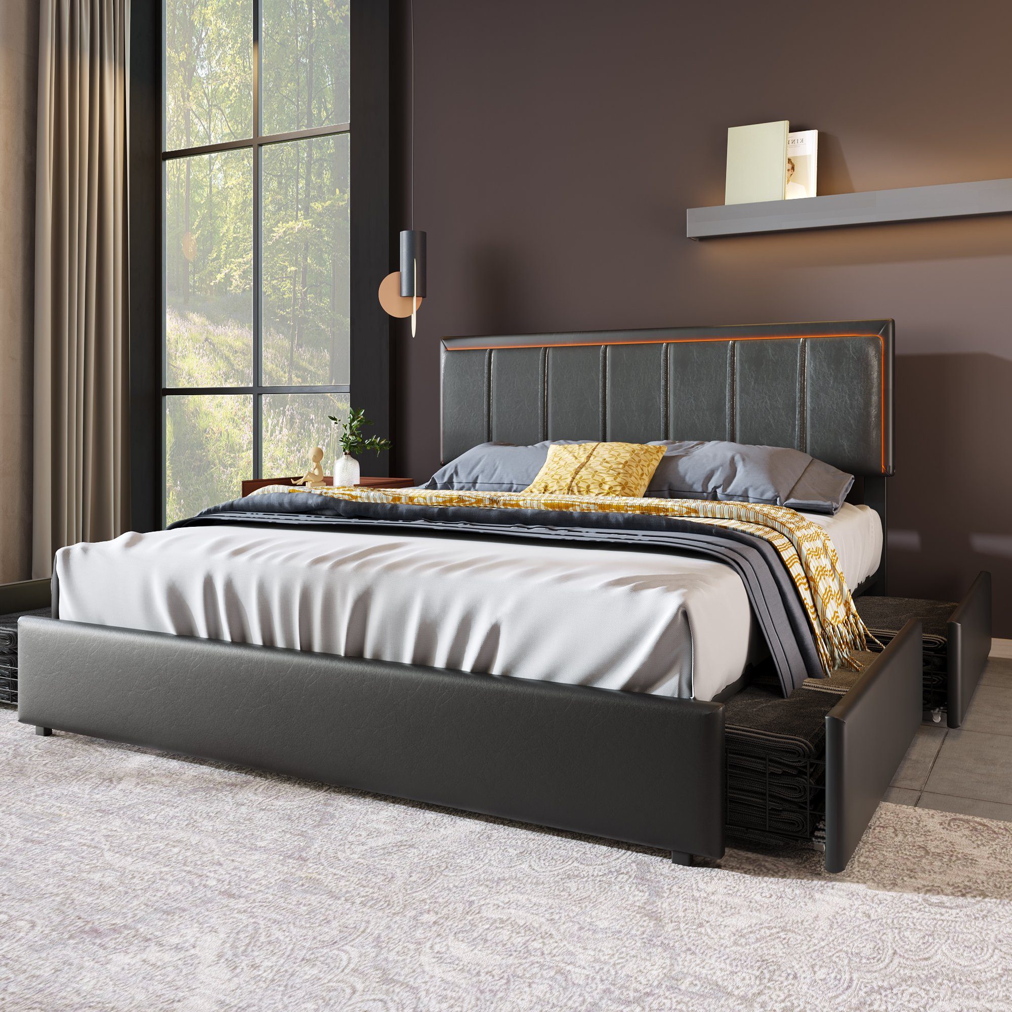 Polsterbett (Funktionsbett, 140 x 200 cm, mit 4 Schubladen, verstellbarem Kopfteil und Lattenrost), Doppelbett mit LED-Beleuchtung, Lattenrost aus Holz, Kunstleder