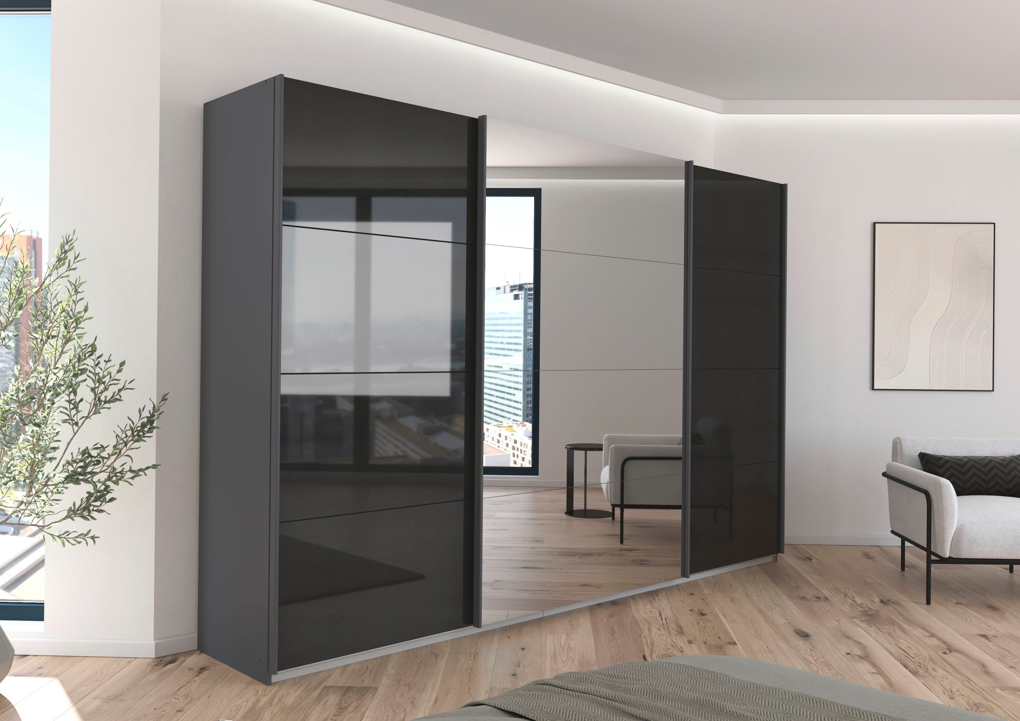OTTO home Schwebetürenschrank Kleiderschrank Schrank Schlafzimmerschrank Garderobe AGORDO (Breiten 203/271/315/360 cm in drei Griff-Farben - NEU: Farbe SCHWARZ) Top Innenausstattung, in 4 Breiten und 2 Höhen MADE IN GERMANY