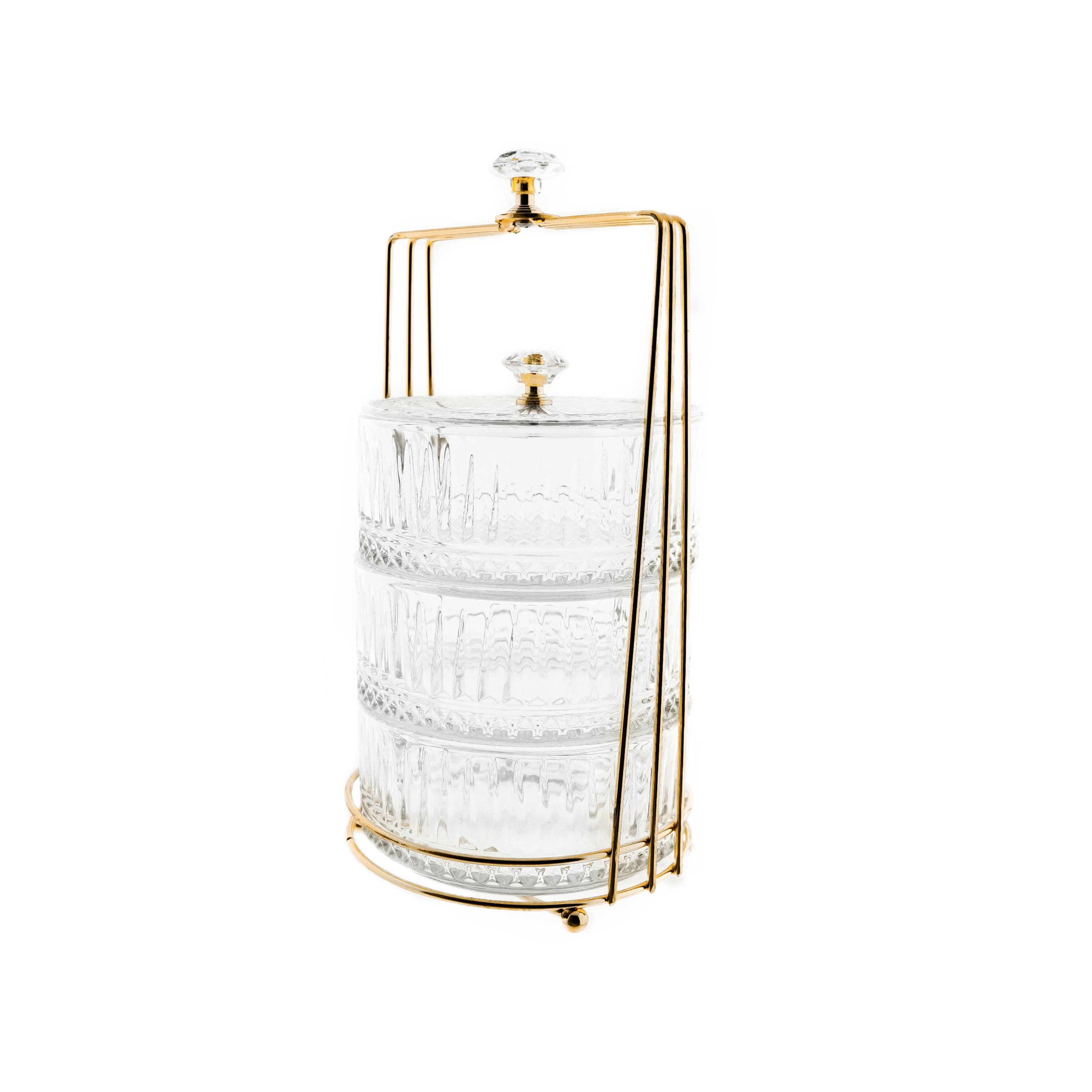 Almina Snackschale Bonboniere-Set aus Glas mit goldfarbenem Gestell, Stapelbar