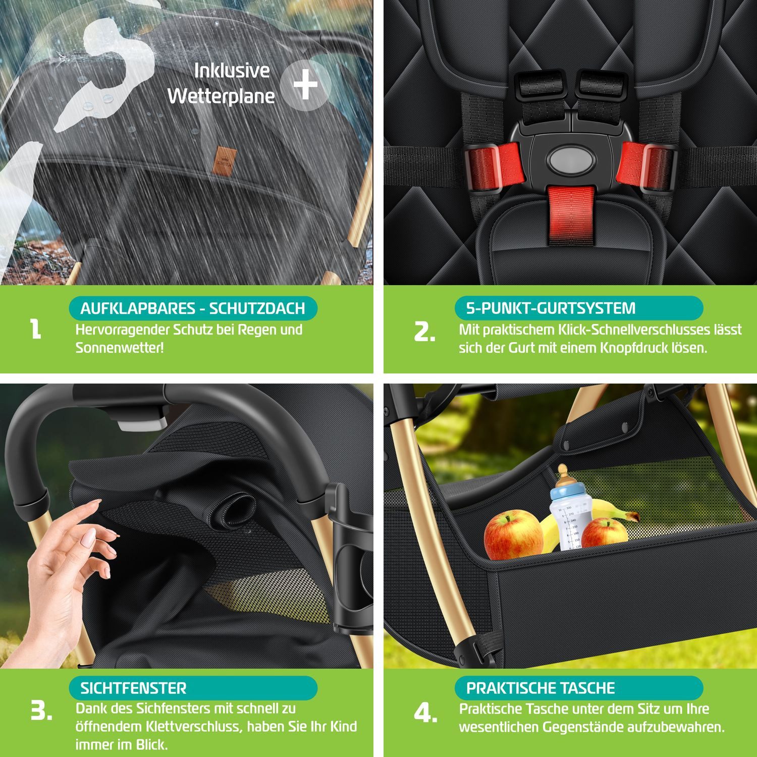 KIDIZ Kombi-Kinderwagen Sportwagen Faltbar, Buggy mit verstellbaren Rückenlehnen & 360° Räder, (Kinderbuggy Inkl. Getränkehalter, Regenabdeckung & Sonnenverdeck), Liegebuggy mit 5-Punkt Gurt & Abnehmbare Stoßstange