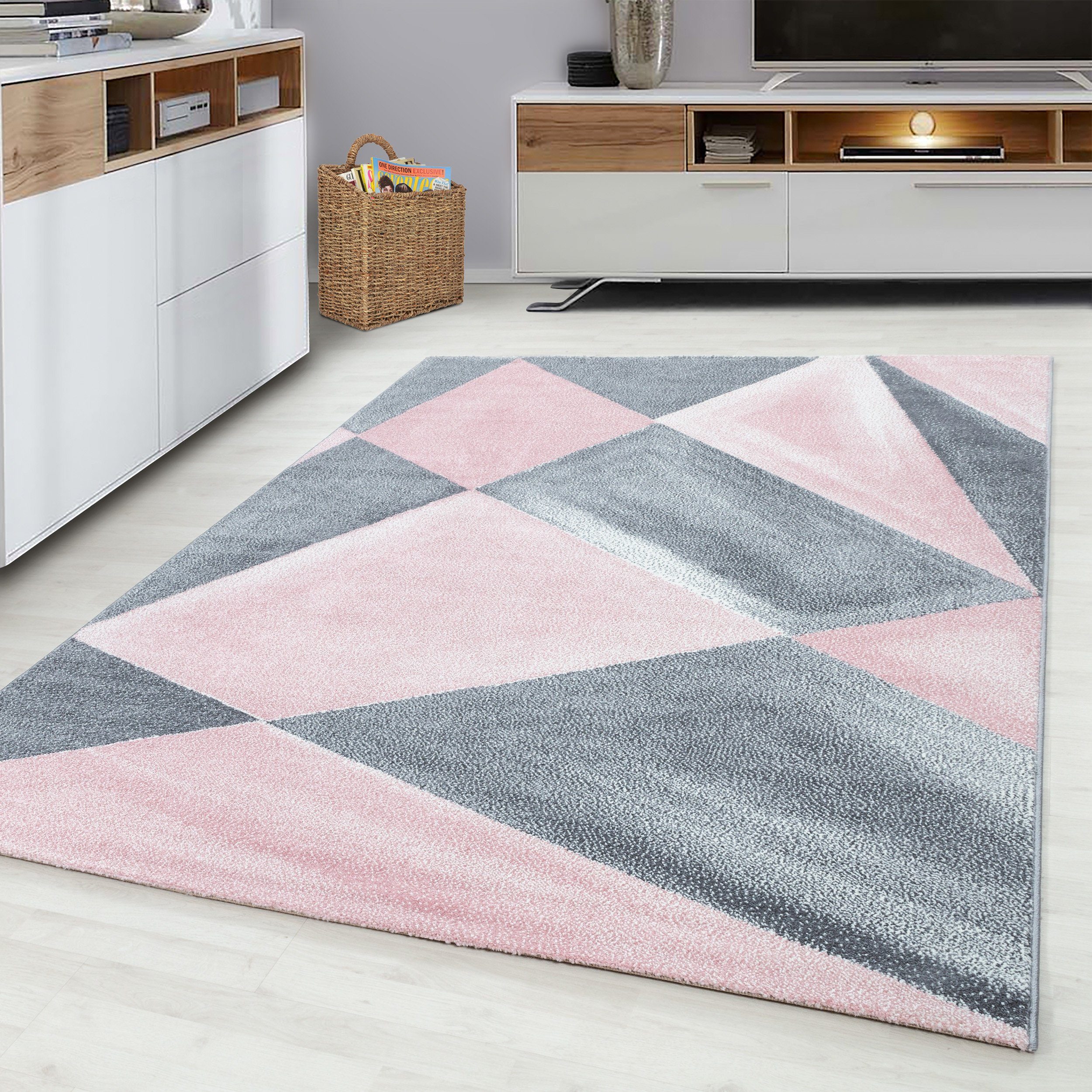 Höhe: Pink Mosaikoptik, Wohnzimmer mm, Teppich Angeycasa, rechteckig, Esszimmer 7 Kurzflorteppich Schlafzimmer Designerteppich