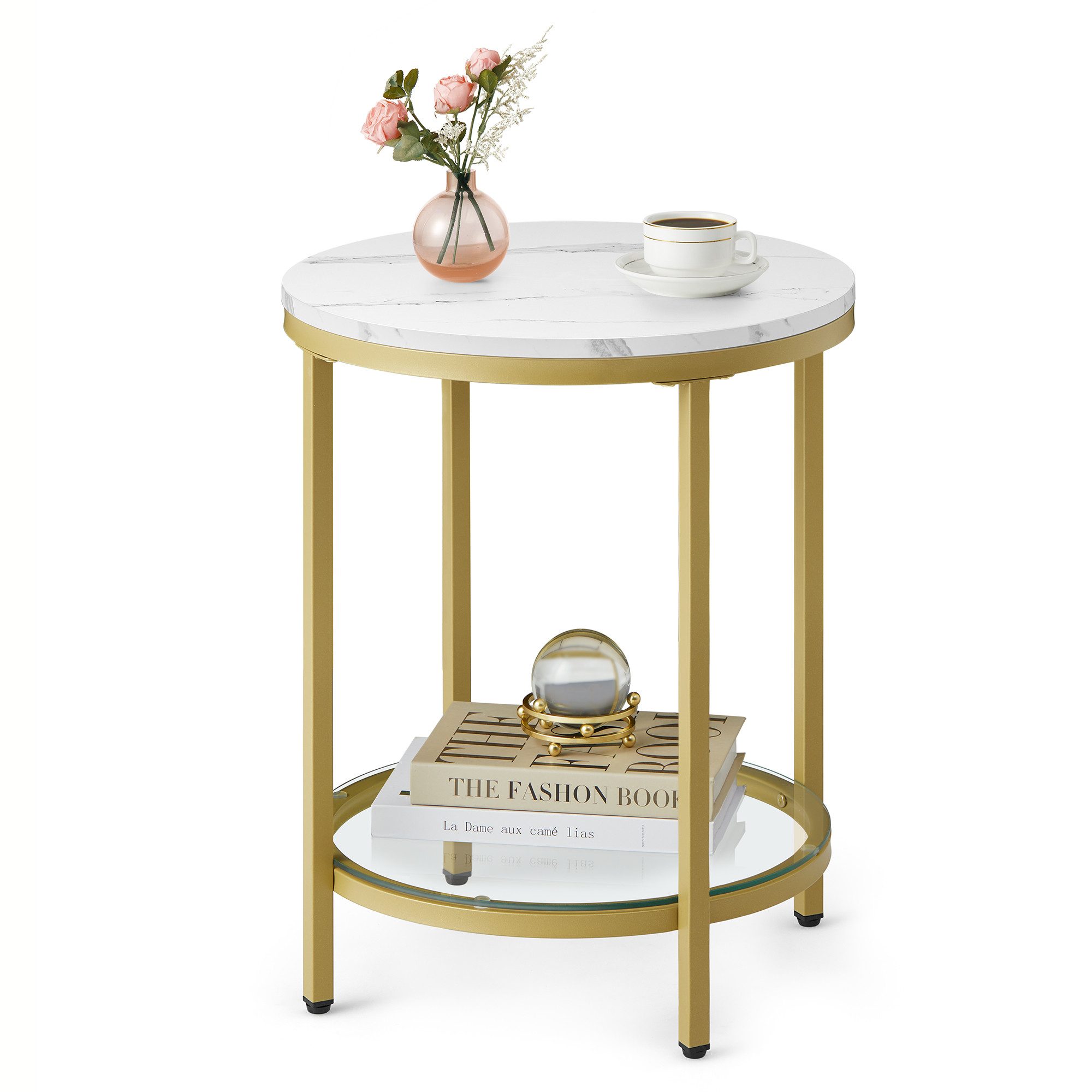 VASAGLE Beistelltisch, 2 Ebenen, Hartglas, Marmoroptik, Ø 45 cm, modern, mi günstig online kaufen