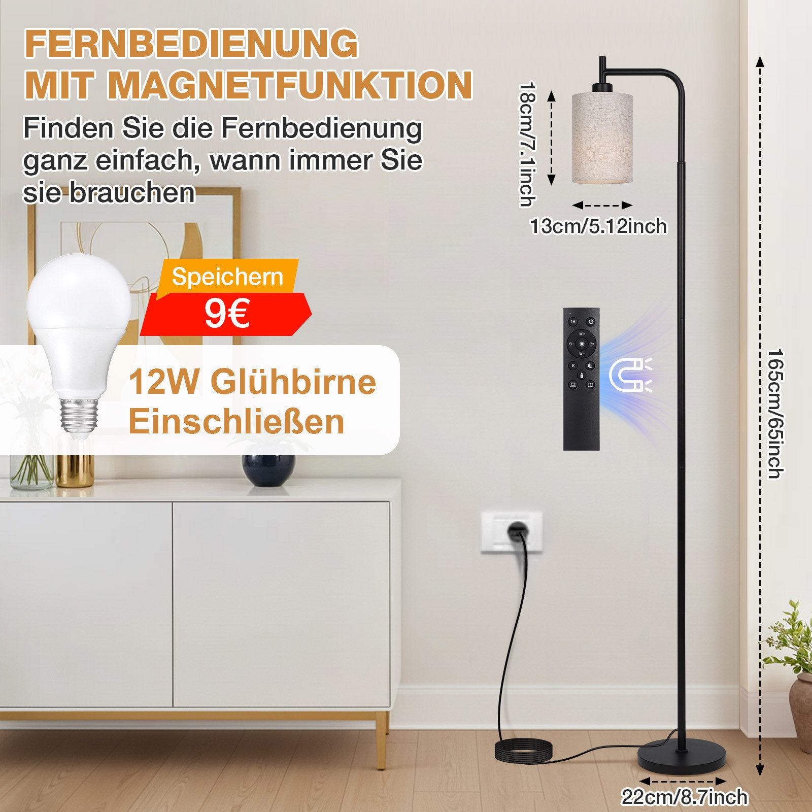 Sunicol Stehlampe Stehlampe Wohnzimmer, Dimmbar, Leinen-Lampenschirm, 4 Farbtemperaturen, LED wechselbar, 12W, E27, Timer, mit Fernbedienung&Fußschalter, für Schlafzimmer