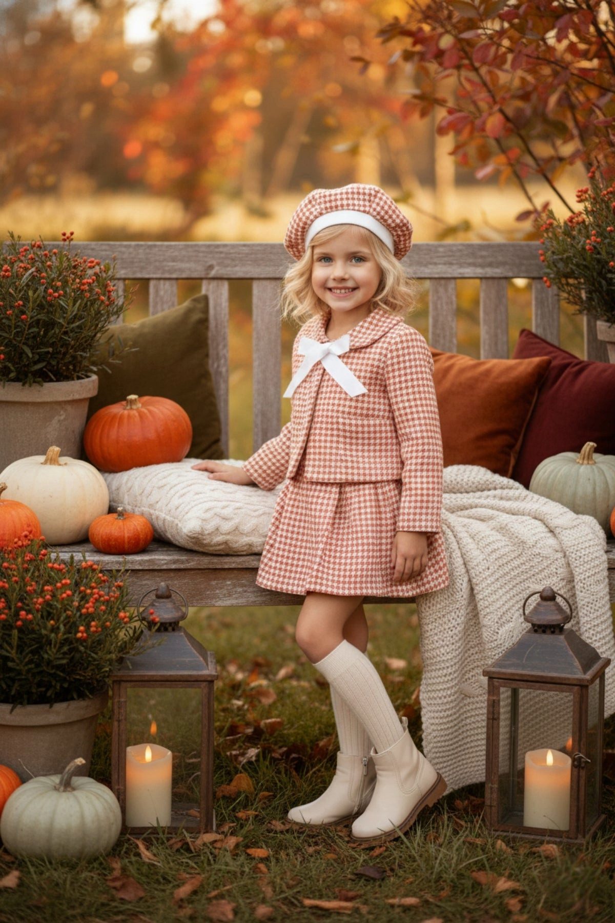 Parla Kids Shirt & Rock Blazer, Kleid und Mütze in cremefarbenem-orangenem Hahnentritt Muster