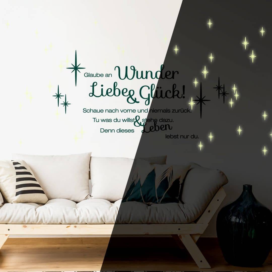 K&L Wall Art Wandtattoo Liebe und Glück Leuchtbild Spruch 60x35cm selbstklebend, Kinderzimmer Leuchtsticker schwarz