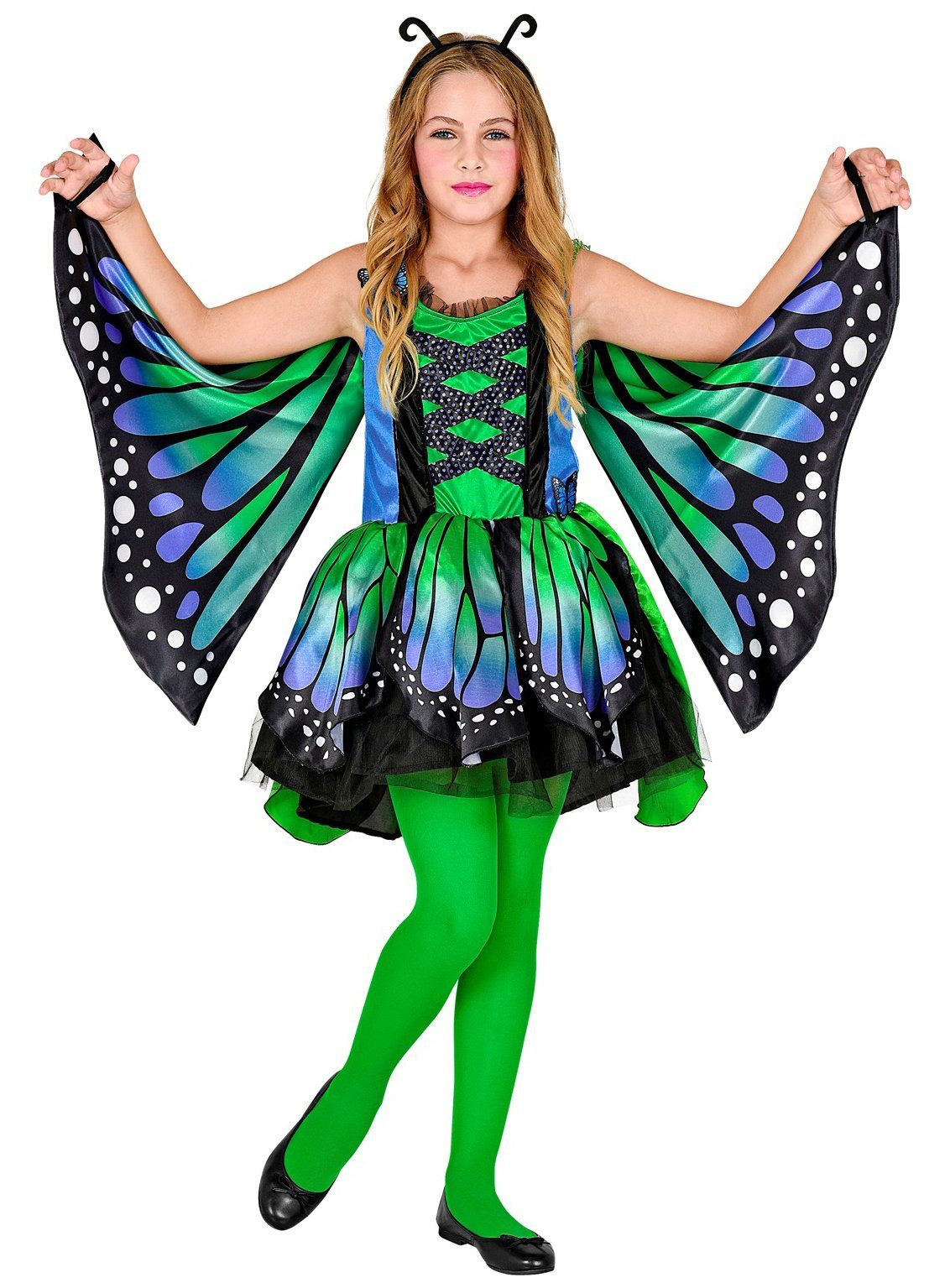 Widdmann Kostüm Schmetterling Kleid grün - Faschingskostüm Kinder, Blau-grünes Kostümkleid mit Stoff-Flügeln
