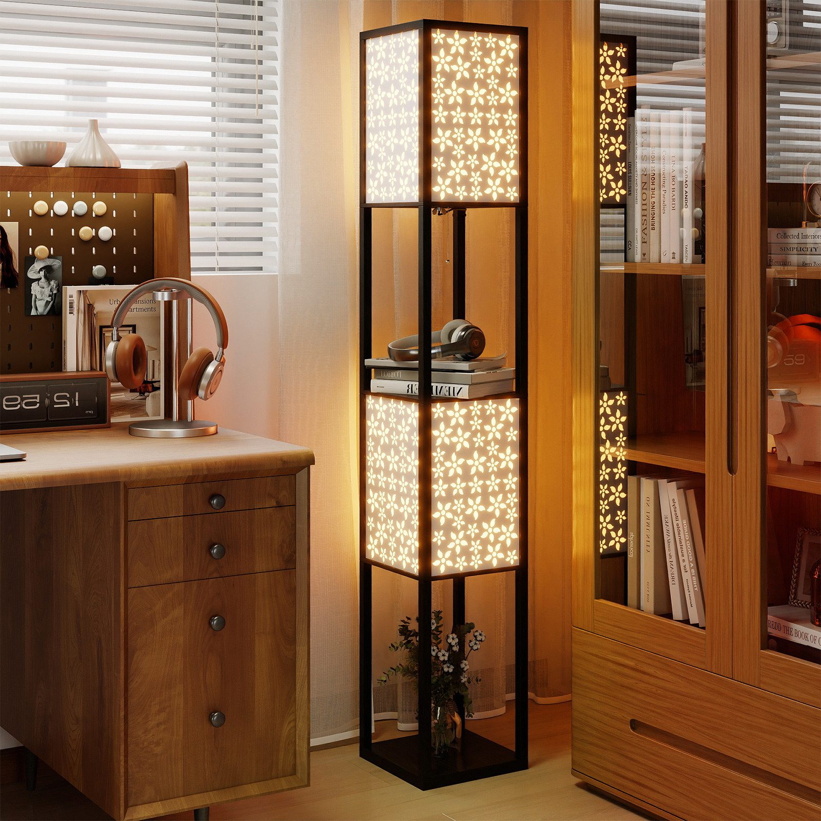 COSTWAY Stehlampe, 156cm Holzregal, Fußschalter, Blumen Muster-Lampenschirm günstig online kaufen