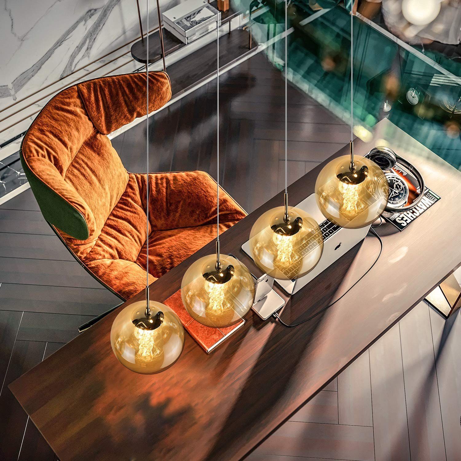 ZMH Pendelleuchte Esstisch 150CM Höhenverstellbar Pendellampe Kronleuchte Wohnzimmer, Glaskugel Hochwertige Design, LED wechselbar, 4-Flammig Bernstein Esszimmerlampe Schlafzimmer