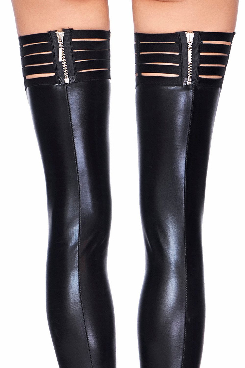 7Heaven Halterlose Strümpfe Halterlose schwarze wetlook Strümpfe mit Gummiband und Reißverschluss