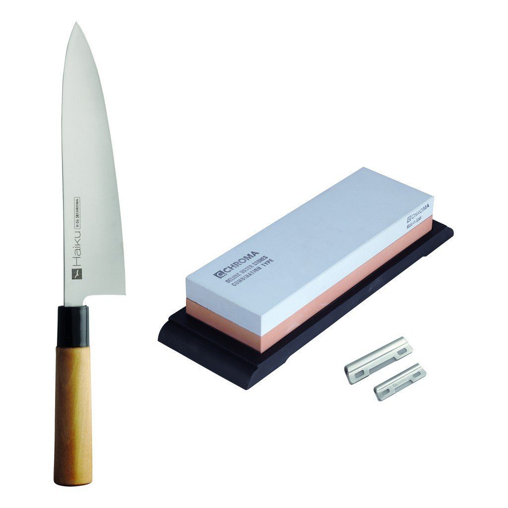 CHROMA Messer-Set, Haiku Messerset: Kochmesser + XL-Kombi-Schleifstein + Schleifhilfen