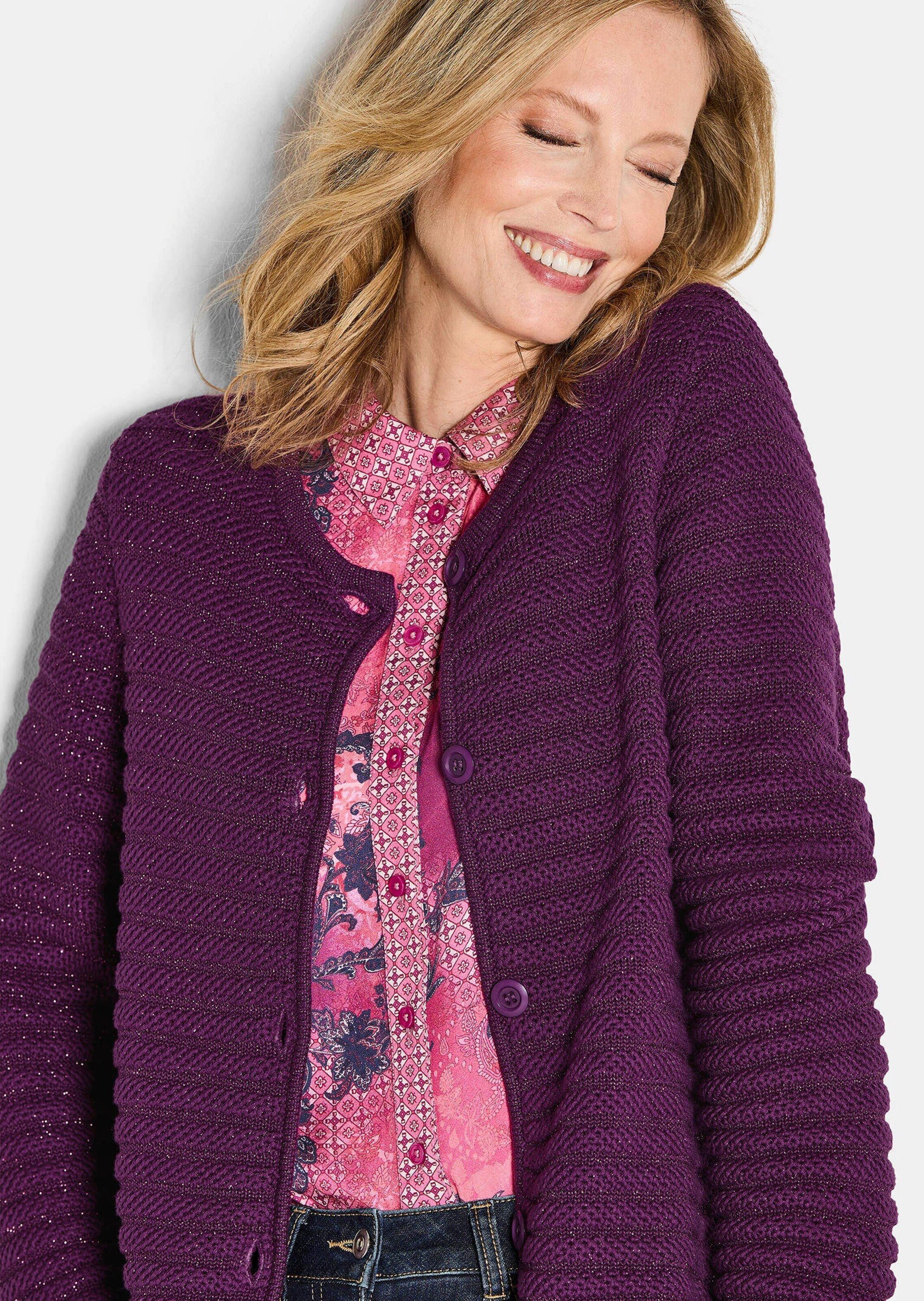 GOLDNER Strickjacke Elegante Strickjacke mit Lurex, Langarm Cardigan in Rippenstruktur mit Rundhals, tonigen Knöpfe, Glanzeffekt