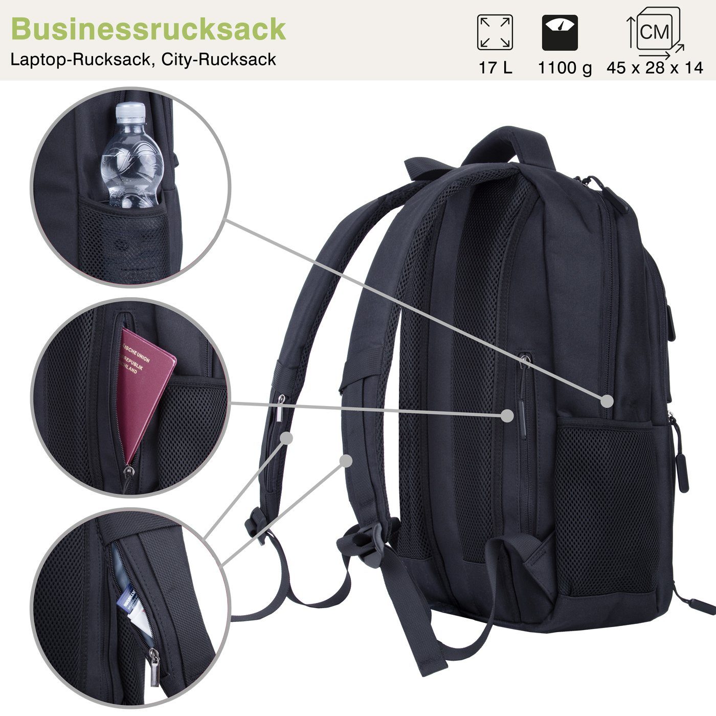 gepolstert Business Daypack, Laptop Schulrucksack compagno Cityrucksack Rucksack Studium Arbeit Uni-Rucksack