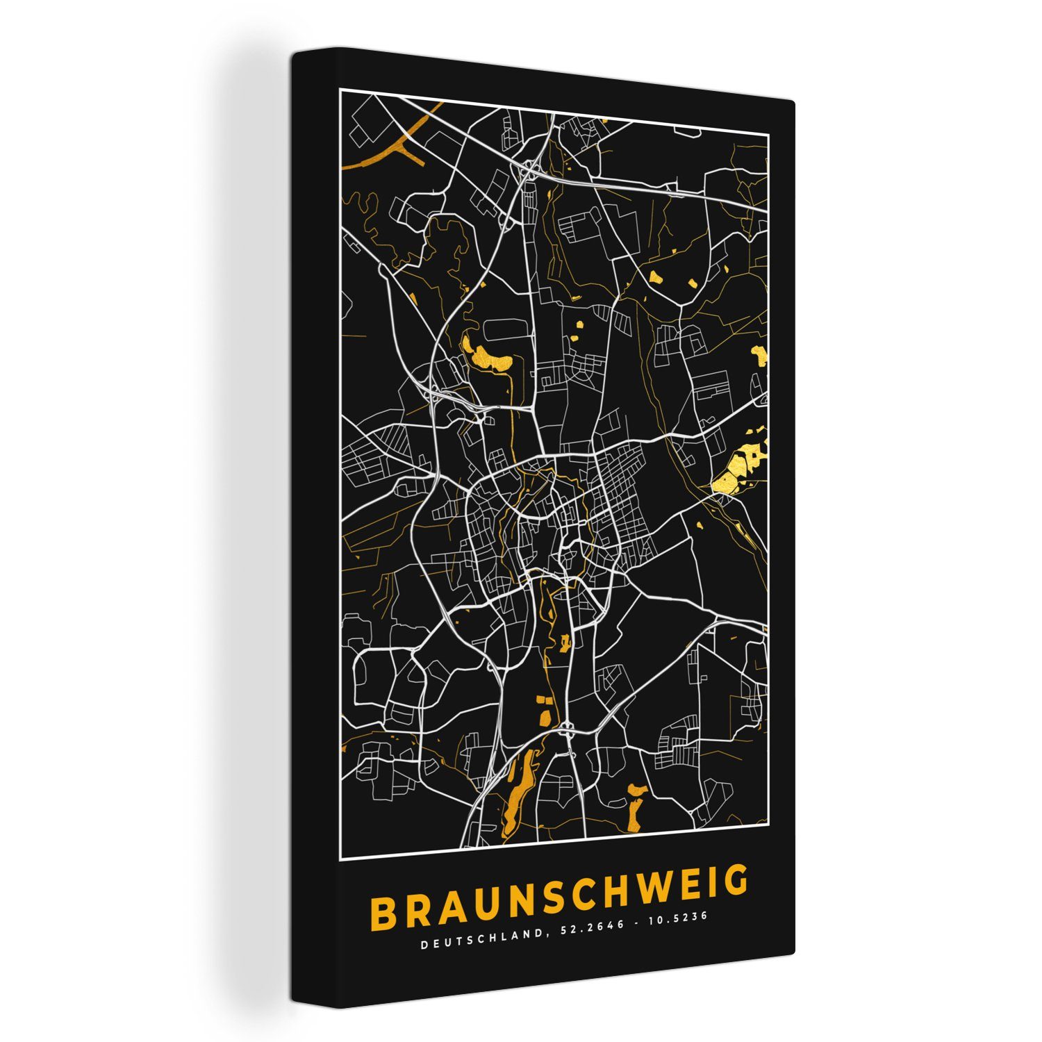 OneMillionCanvasses® Leinwandbild Braunschweig - Gold - Stadtplan - Karte - Deutschland, (1 St), Leinwandbild fertig bespannt inkl. Zackenaufhänger, Gemälde, 20x30 cm