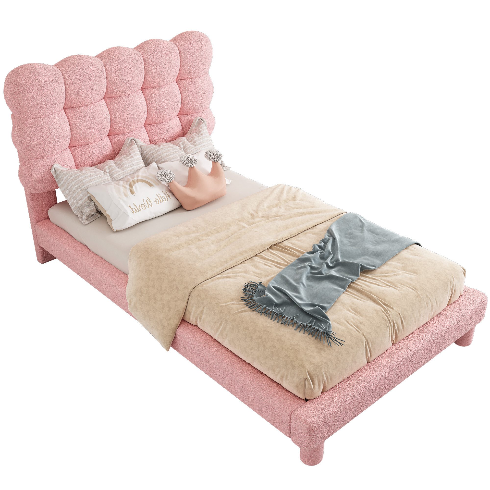FLIEKS Polsterbett Kinderbett Einzelbett 90x200cm mit höhenverstellbarem Kopfteil Rosa