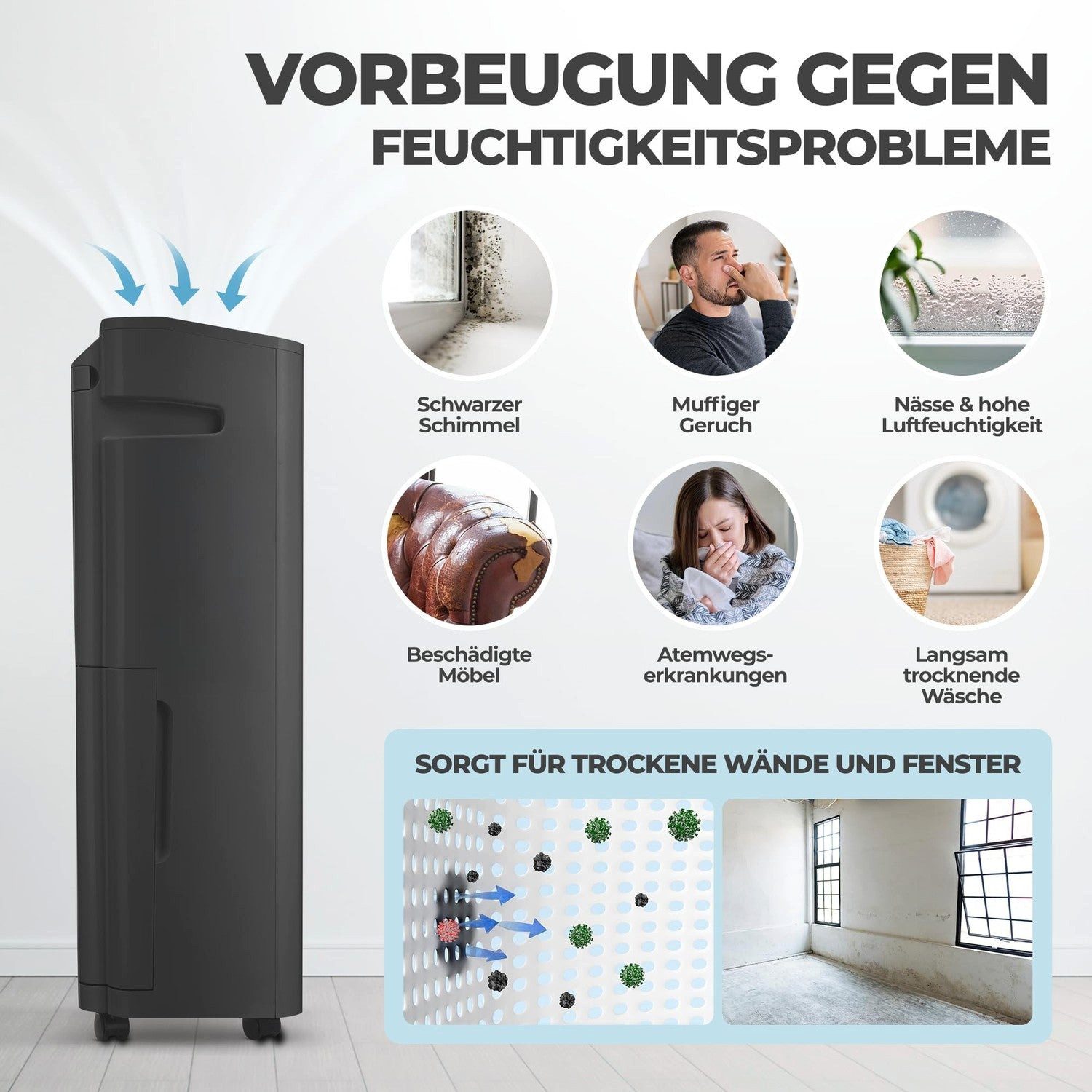 KLAMER Luftentfeuchter elektrisch 20L, 180m³ Luftumwälzung pro Stunde, 440W starker Raumentf…, Entfeuchtung 20 l/Tag, Timer 1-24h, diverse Modi, Nachtmodus, Feuchtigkeit in 5%-Schritten
