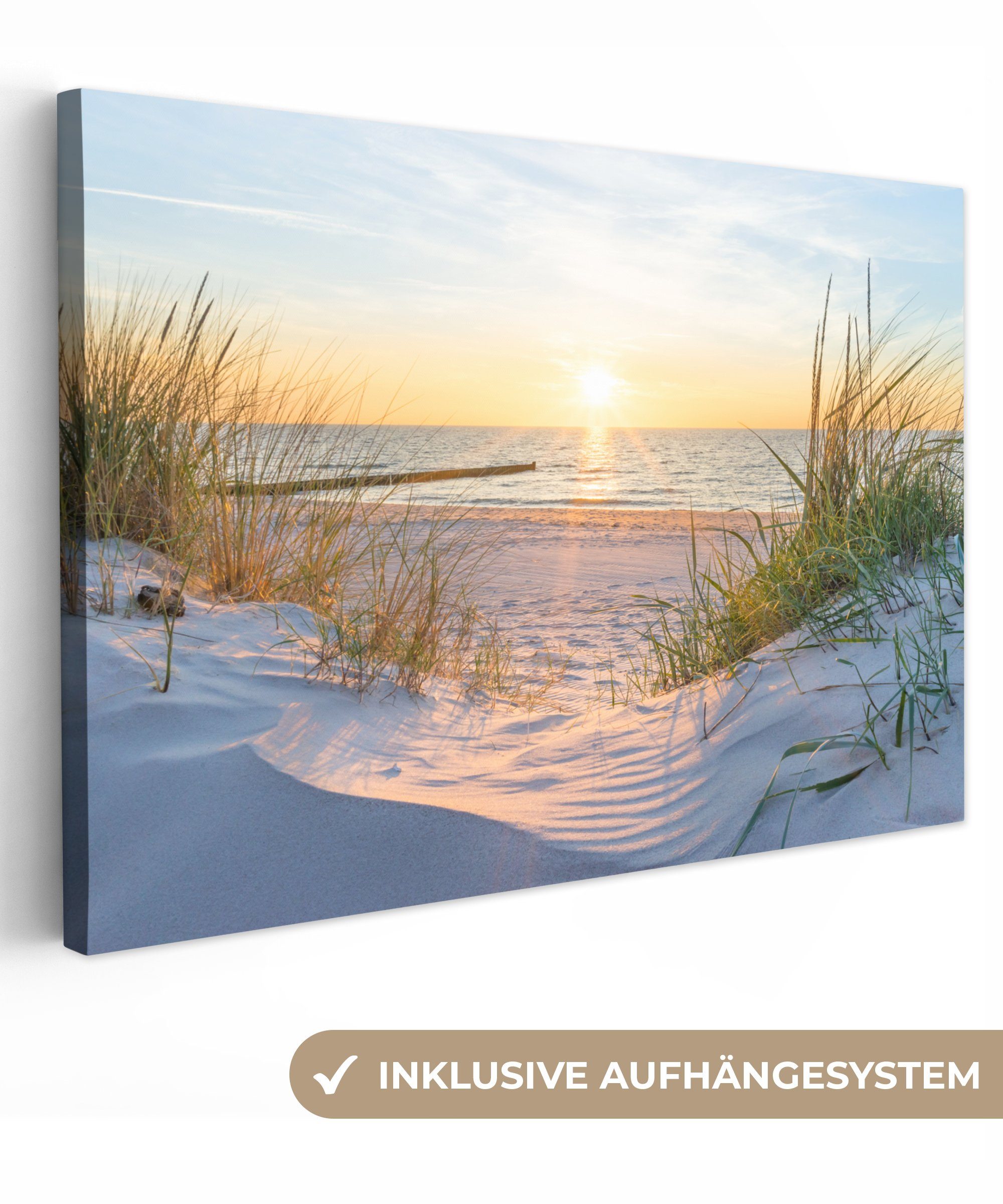 OneMillionCanvasses® Leinwandbild Strand - Sonne - Düne - Gras - Sand - Horizont, (1 St), Wandbild für alle Wohnbereiche, Gemälde, XXL, großes, 120x80 cm