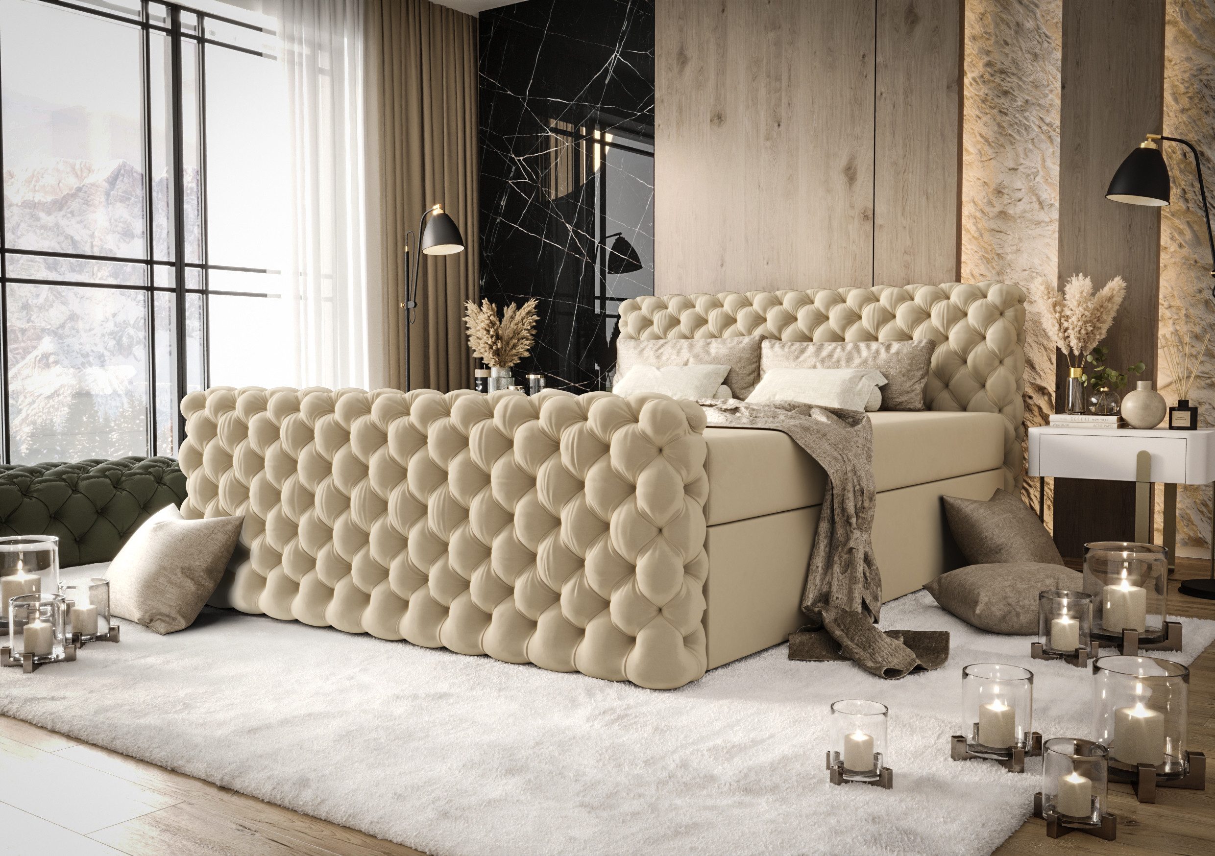 B&B Home Boxspringbett Boxbett Figo IV (inkl zwei Bettkästen, Multipocket-Matratze und Topper, Chesterfield)