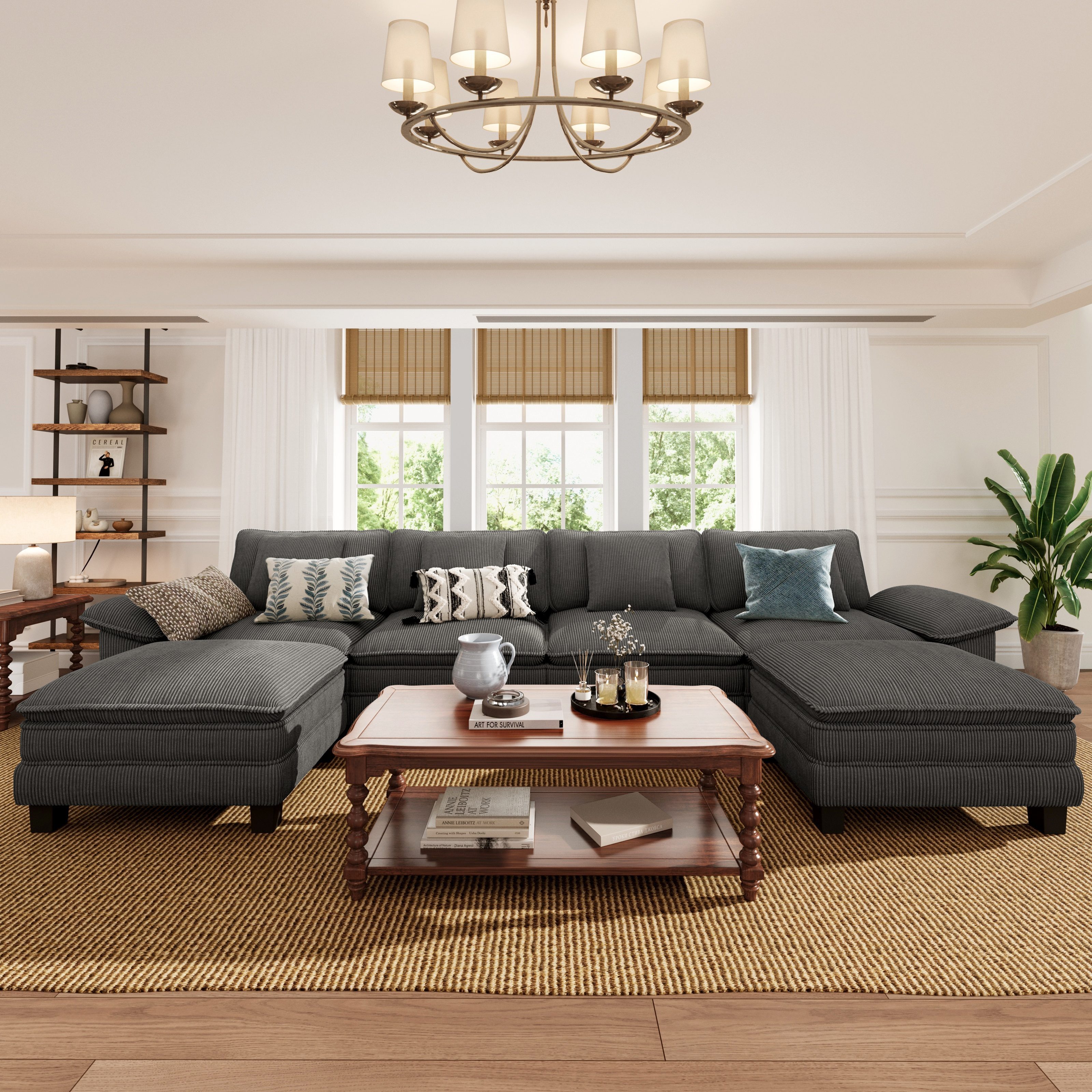 PHI VILLA Ecksofa L-Form Couch, 4-6-Sitzer-Sofa, Modulare Sofas inklusive Zierkissen und Ottomane für das Wohnzimmer