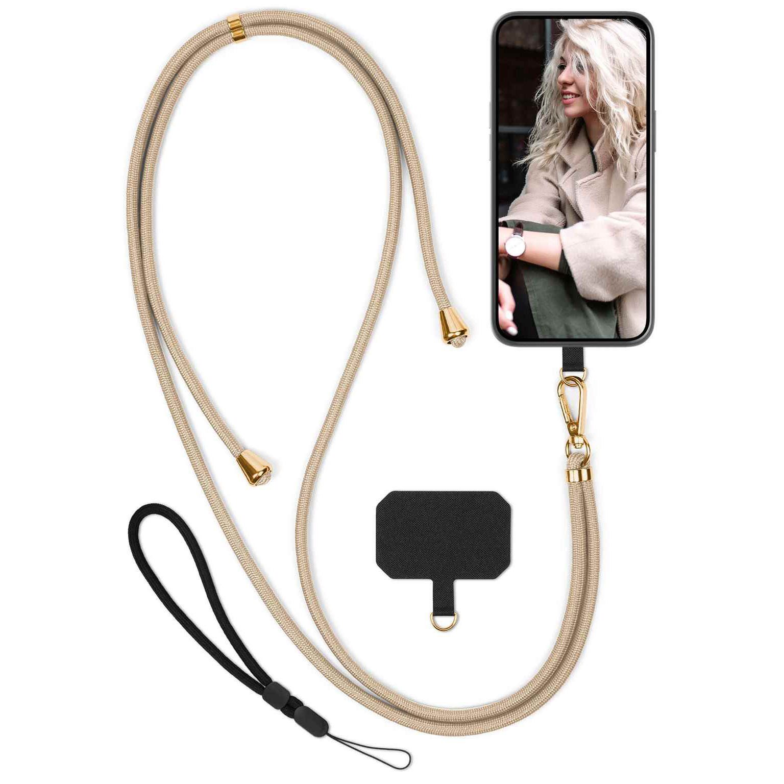 moex Handykette für Motorola Razr 50 Ultra Handyband ohne Hülle Unleash Gold 6,9 Zoll, Umhängeband mit Karabiner Handy Kette zum Umhängen Band abnehmbar