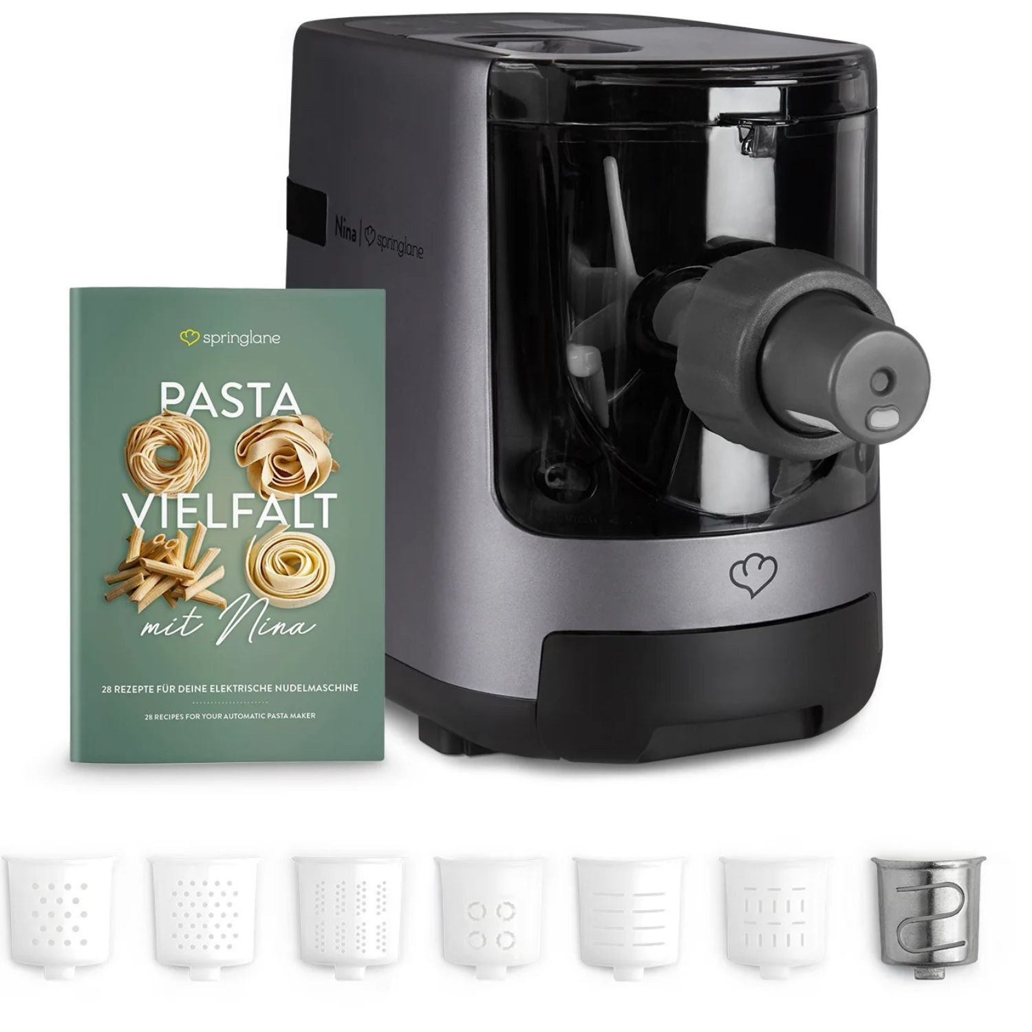 Springlane Nudelmaschine elektrisch - Automatischer Pastamaker mit 7 Einsätzen, 180 W, mit Wiegefunktion - inkl. Messbecher, Reinigungsbürste, Gummispatel