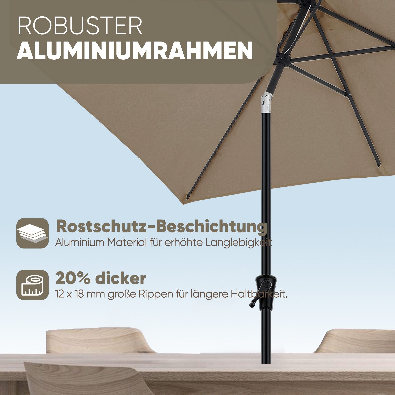 Sekey Rechteckschirm 300 x 200 cm Sonnenschirm Aluminium Marktschirm Rechteckig, mit Kurbel, Sonnenschutz UV50+, Gartenschirm Knickbar