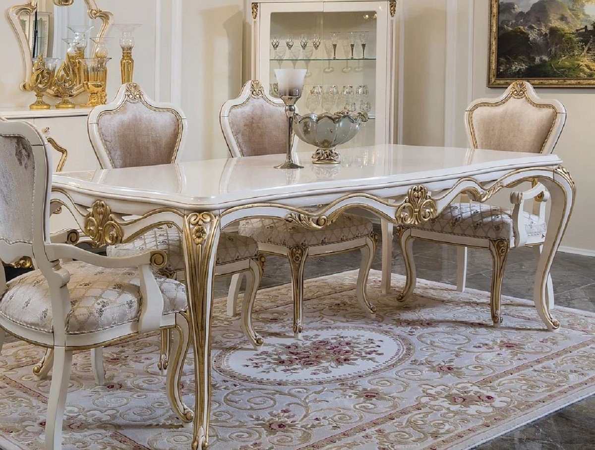 Edler Barock Esstisch Weiß - Luxus Esszimmertisch Massivholz Casa - Padrino Möbel Gold Esszimmer Esstisch / Prunkvolle Barock