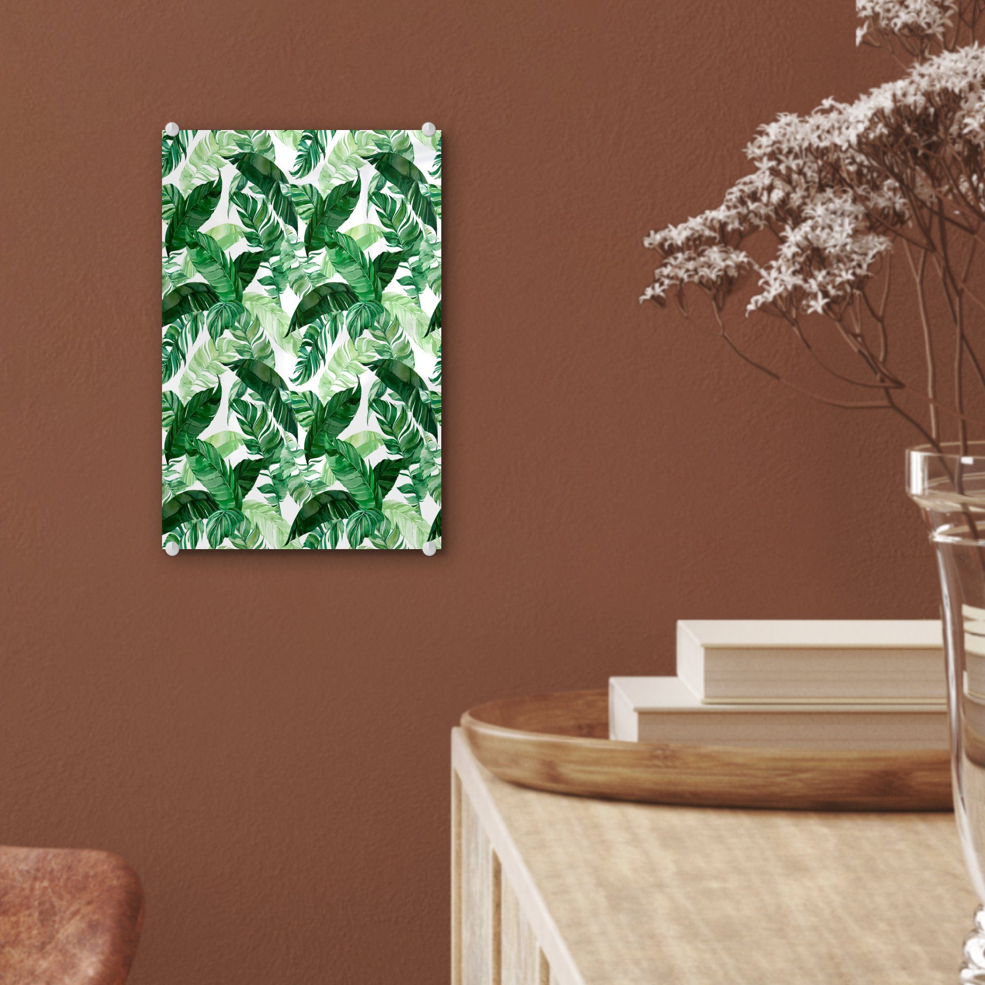 MuchoWow Acrylglasbild Blätter - Grün Bilder Wandbild Wanddekoration - St), auf Glas Glasbilder Foto Muster, Glas (1 - auf - 