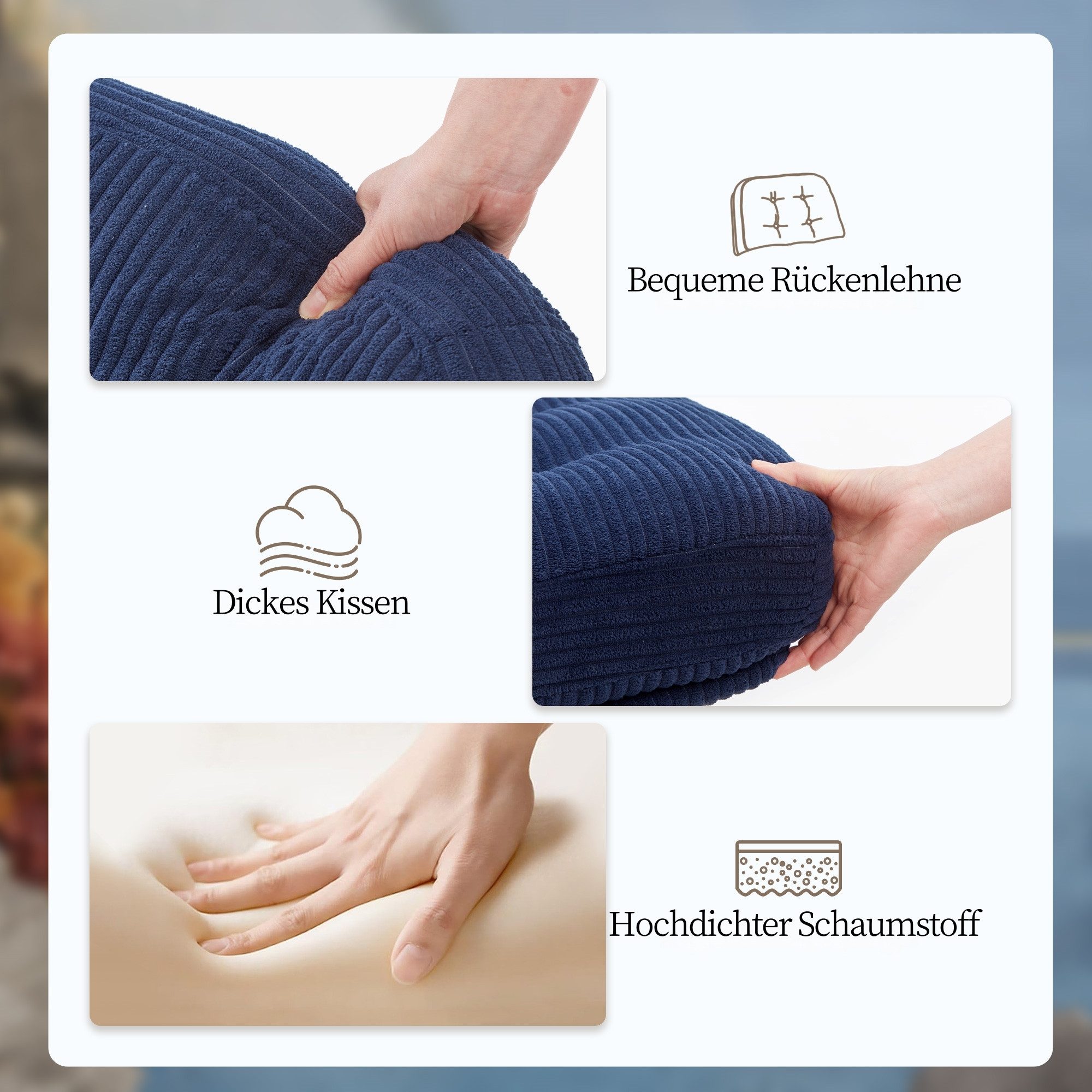 IWMH Bürostuhl Dick Schreibtischstuhl Ohne Rollen, Cordstoff Drehstuhl ohne Armlehnen (Lesesessel mit 15cm dickem Sitzkissen), Gepolsterter Stuhl für Schlafzimmer Wohnzimmer Schminktisch