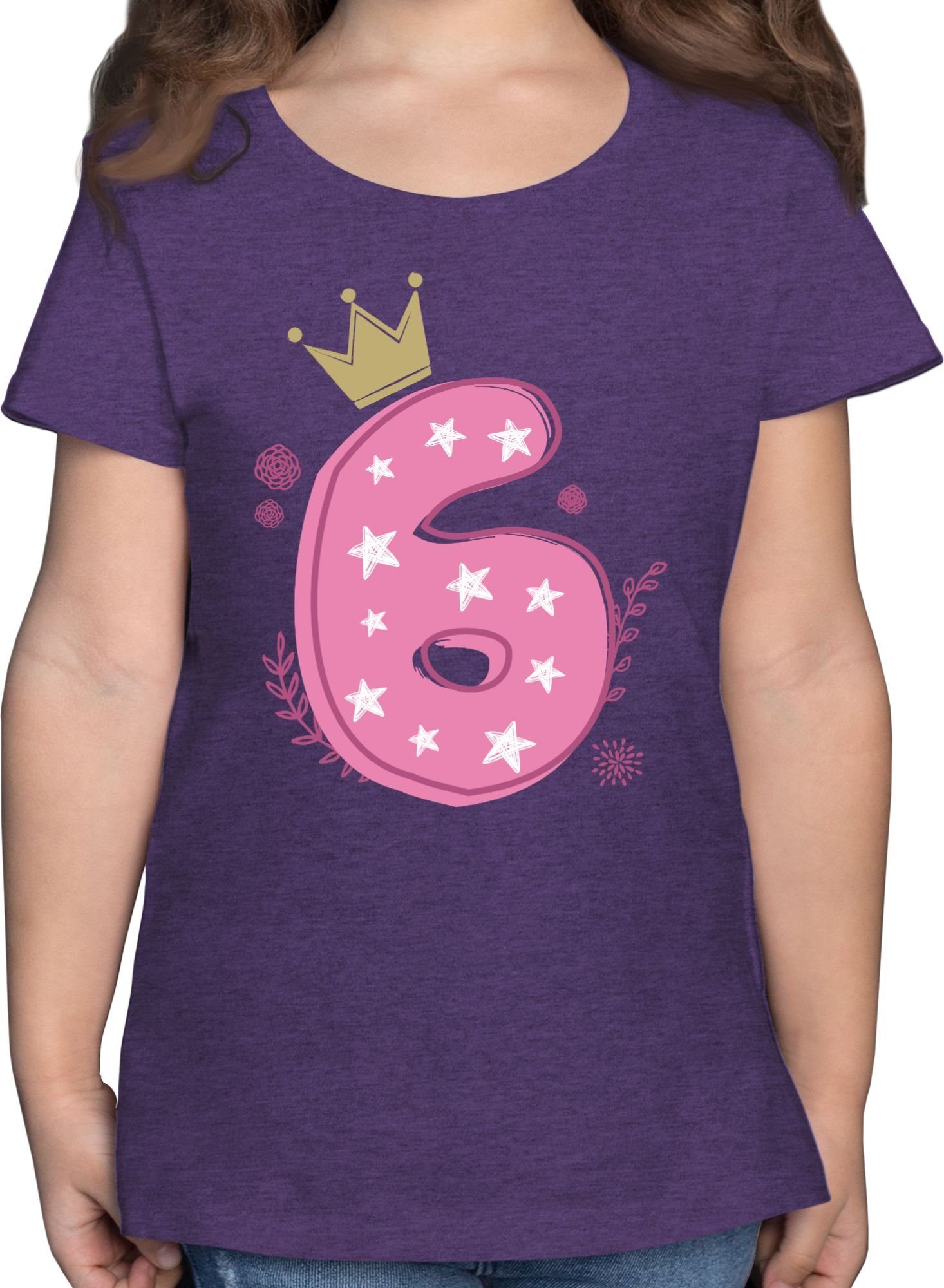 Shirtracer T-Shirt Sechster Mädchen Krone Sterne 6. Geburtstag 2 Lila Meliert