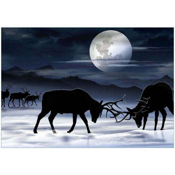 Wallario Vliestapete Elch im Schnee bei Mondschein - Silhouette am Abend Seidenmatte Oberfläche hochwertiger Digitaldruck in verschiedenen Größen erhältlich