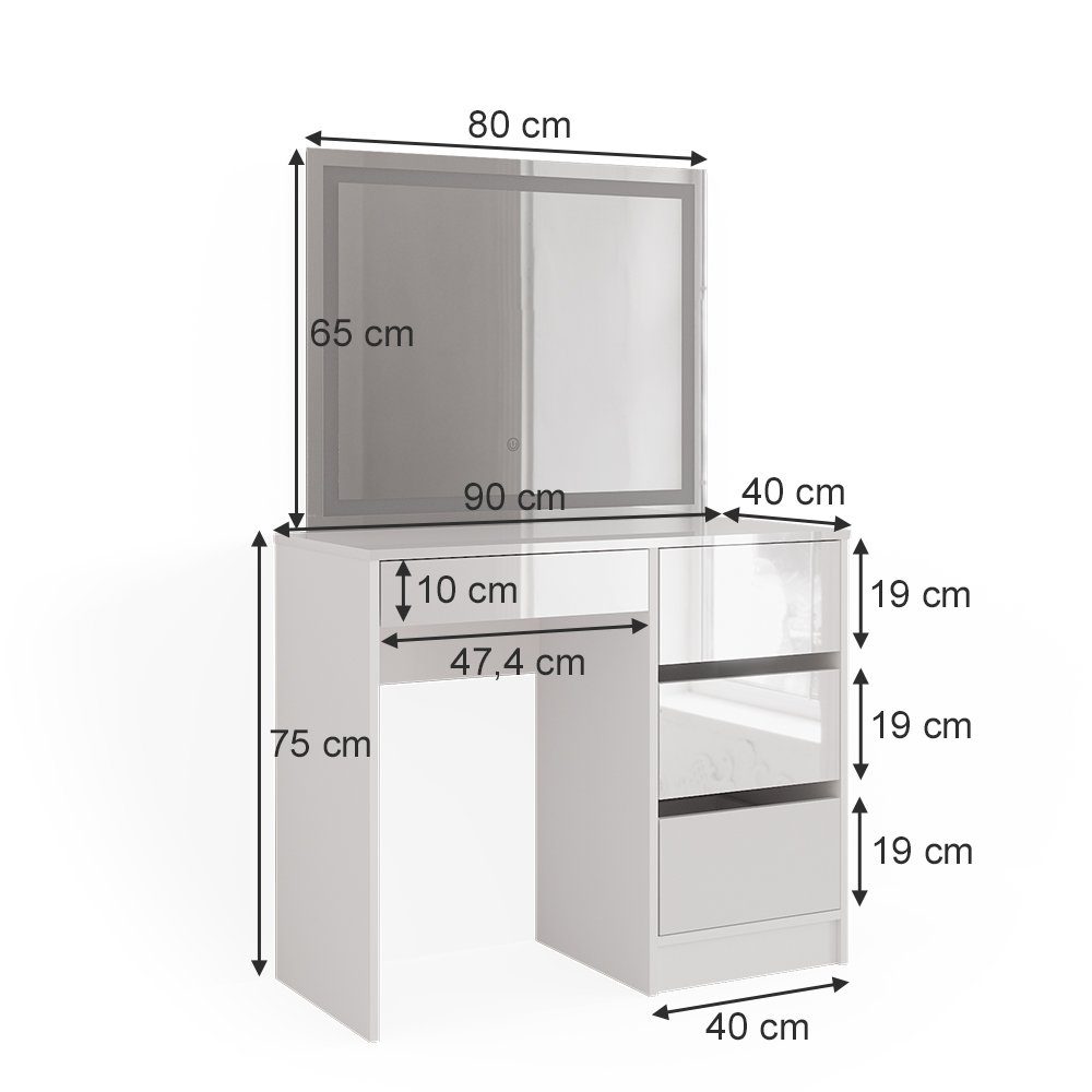 Vicco Schminktisch Sherry, Weiß Hochglanz, 90 cm mit LED-Spiegel (2-St)