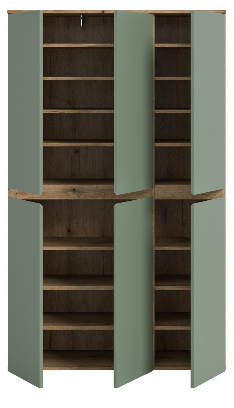 Inn.Furn Mehrzweckschrank Assino (Garderoben- und Schuhschrank in Eiche und Rauchgrün, 6-türig, 105 x 175 cm) variabel einrichtbar mit Kleiderstange und bis zu 18 Fächern