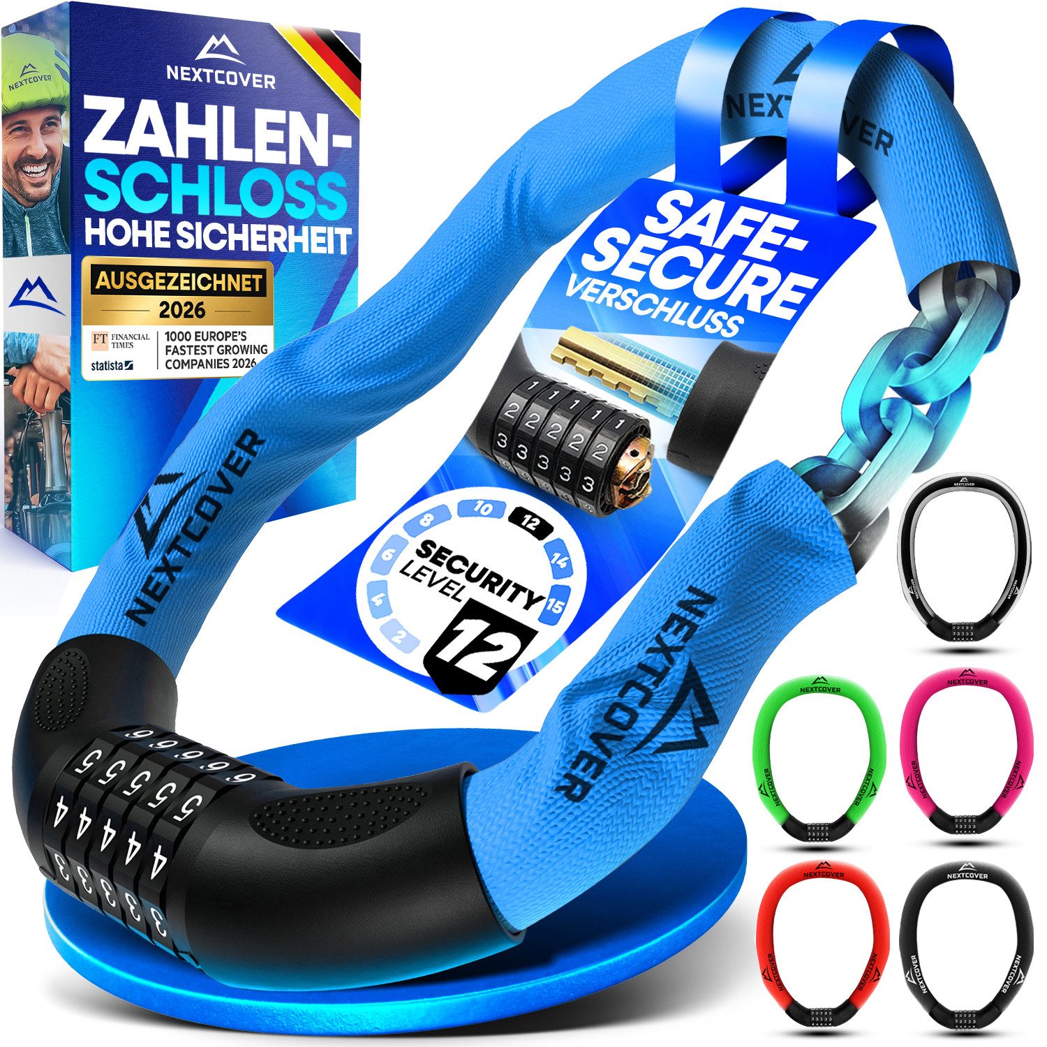 Nextcover Kettenschloss Fahrradschloss mit Zahlencode - Sicherheitsverschluss
