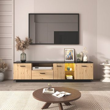 WISHDOR TV-Schrank Mit einer Schublade,drei Türen, zwei offene Fächer mit Glas TV-Möbel (180 L x 40 B x 45 H(cm) Schwarze und natürliche Holzfarben, 15 variable LED-Leuchten.