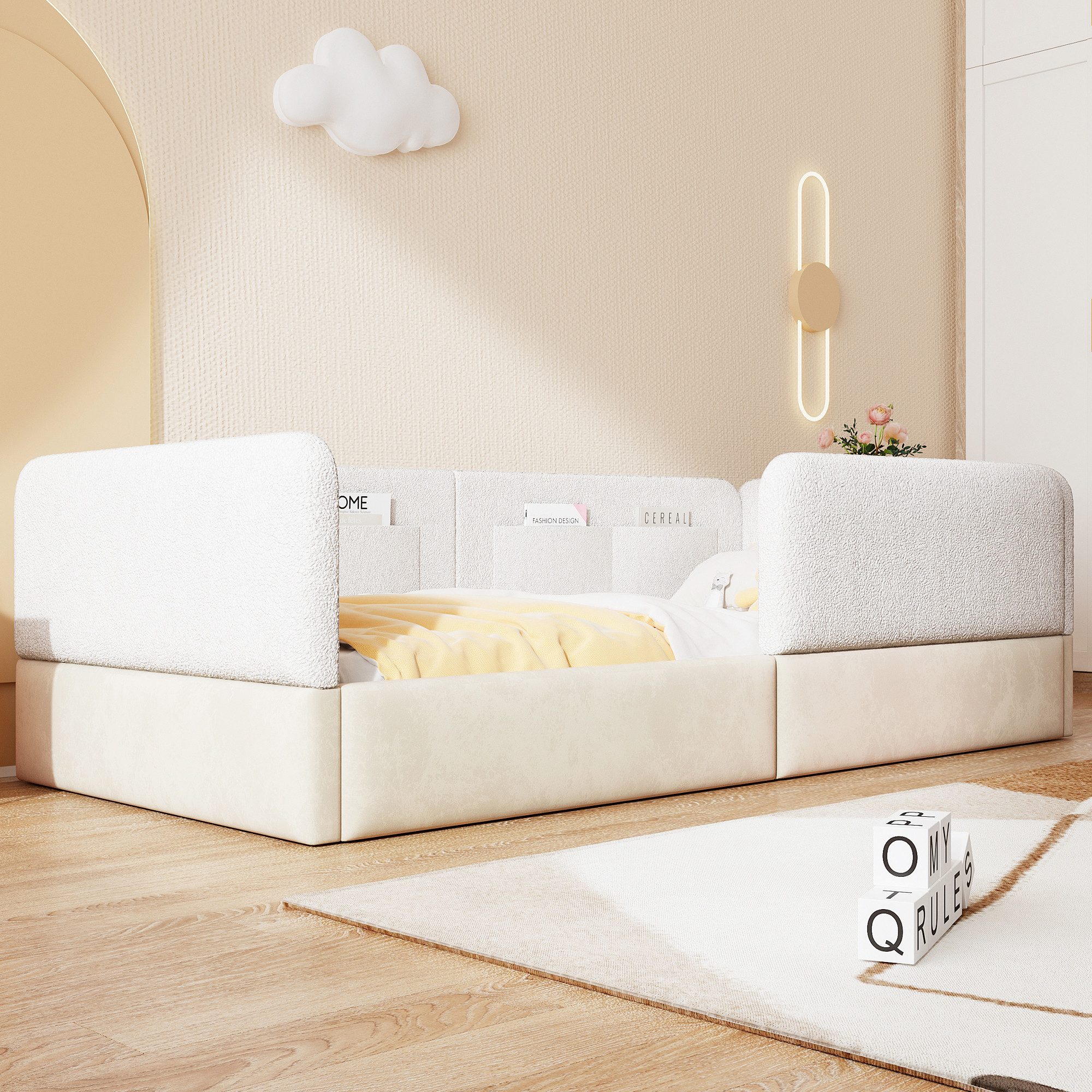 STILVORA Polsterbett 90x200 mit Sicherheitsgeländer Kinderbett Schlafsofa, weiß (Gepolstertes Plattformbett 90 × 200 cm, Weiß, Samtstoff, PU-Untergestell, Holzrahmen), Schutzgeländer, Aufbewahrungstaschen, stabiles Holzgestell