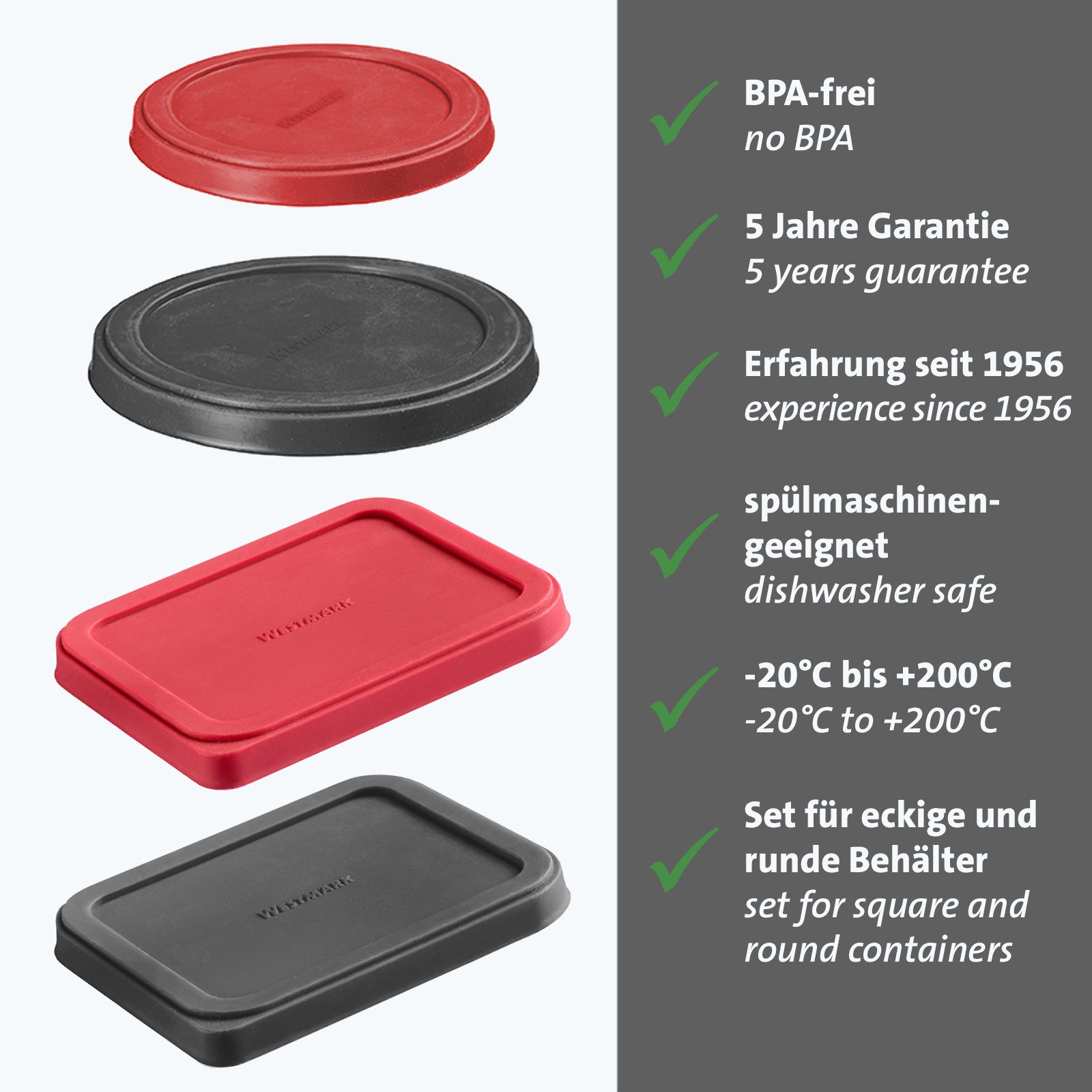 WESTMARK Vorratsdose 4 Frischhaltedeckel (2x rund,2x eckig), Silikon, Silikon – Bild 2 von 5