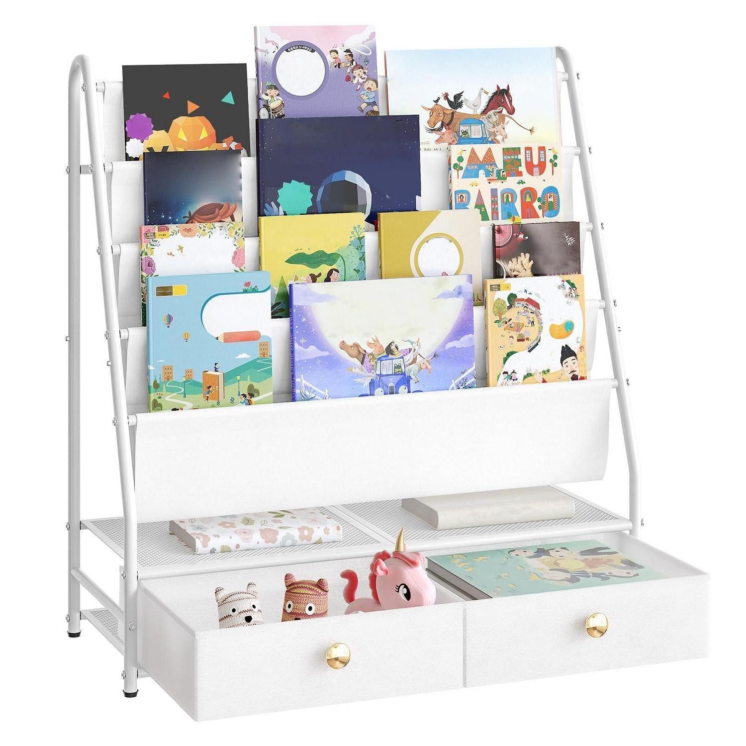 LuxusKollektion Kinderregal Kinderbücherregal 4-stöckig Weiß mit 2 Schubladen