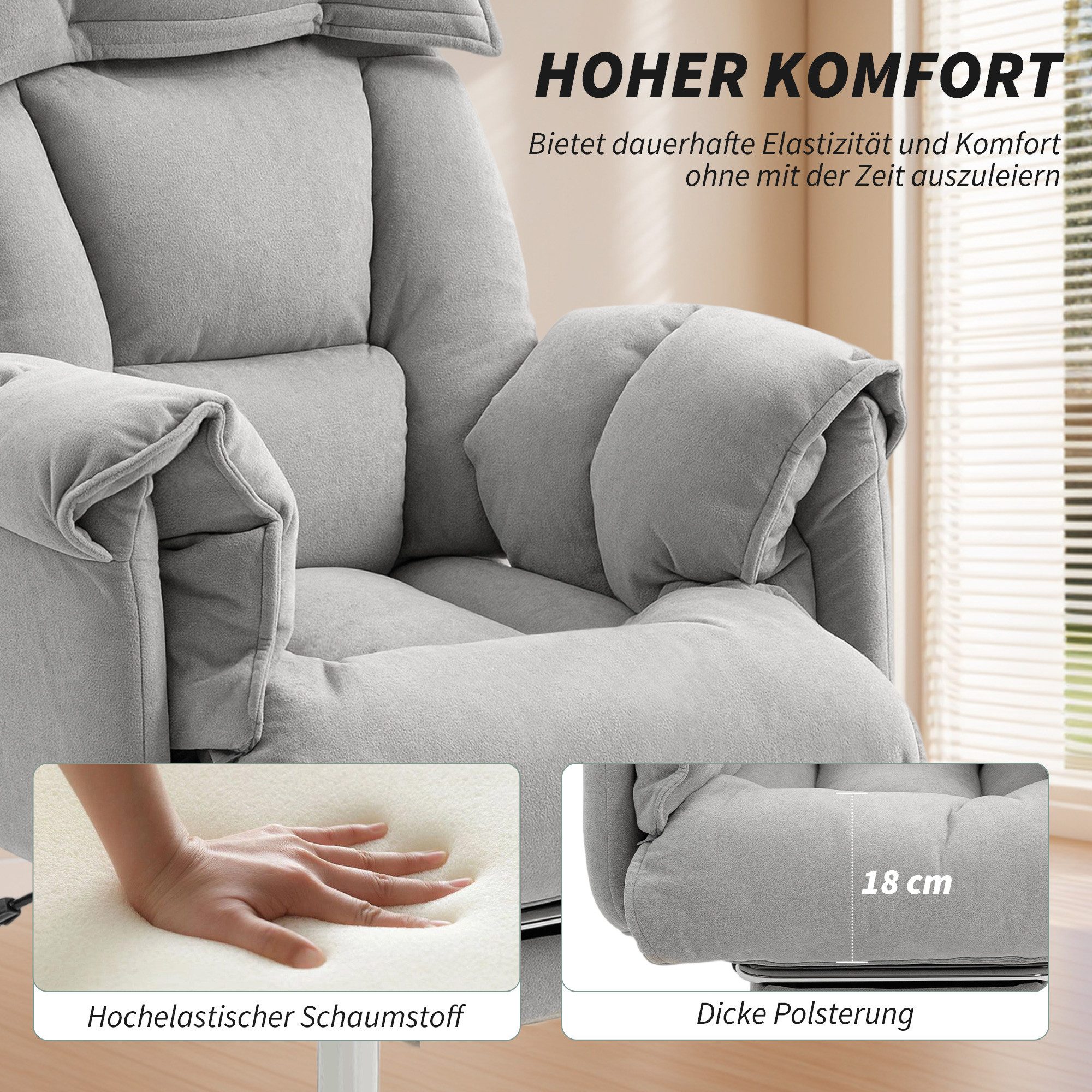HOMCOM Schreibtischstuhl Drehstuhl mit Samtoptik, Gepolstert Computerstuhl (Neigbar Bürostuhl, 1 St), 75 x 77 x 110-118 cm Hellgrau – Bild 5 von 5
